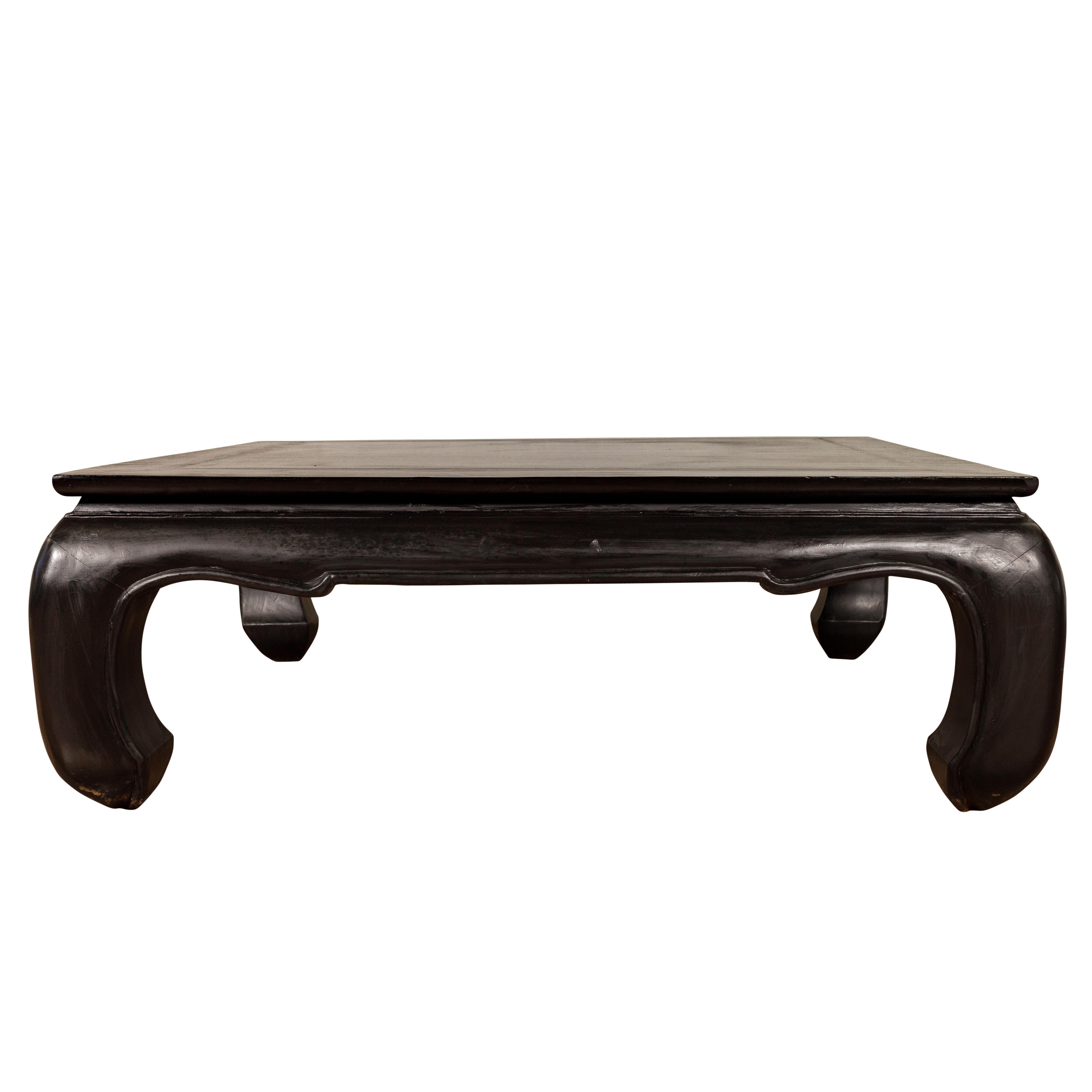 Vintage Thai Teak Coffee Table with Bulging Chow Legs and Black Lacquer
