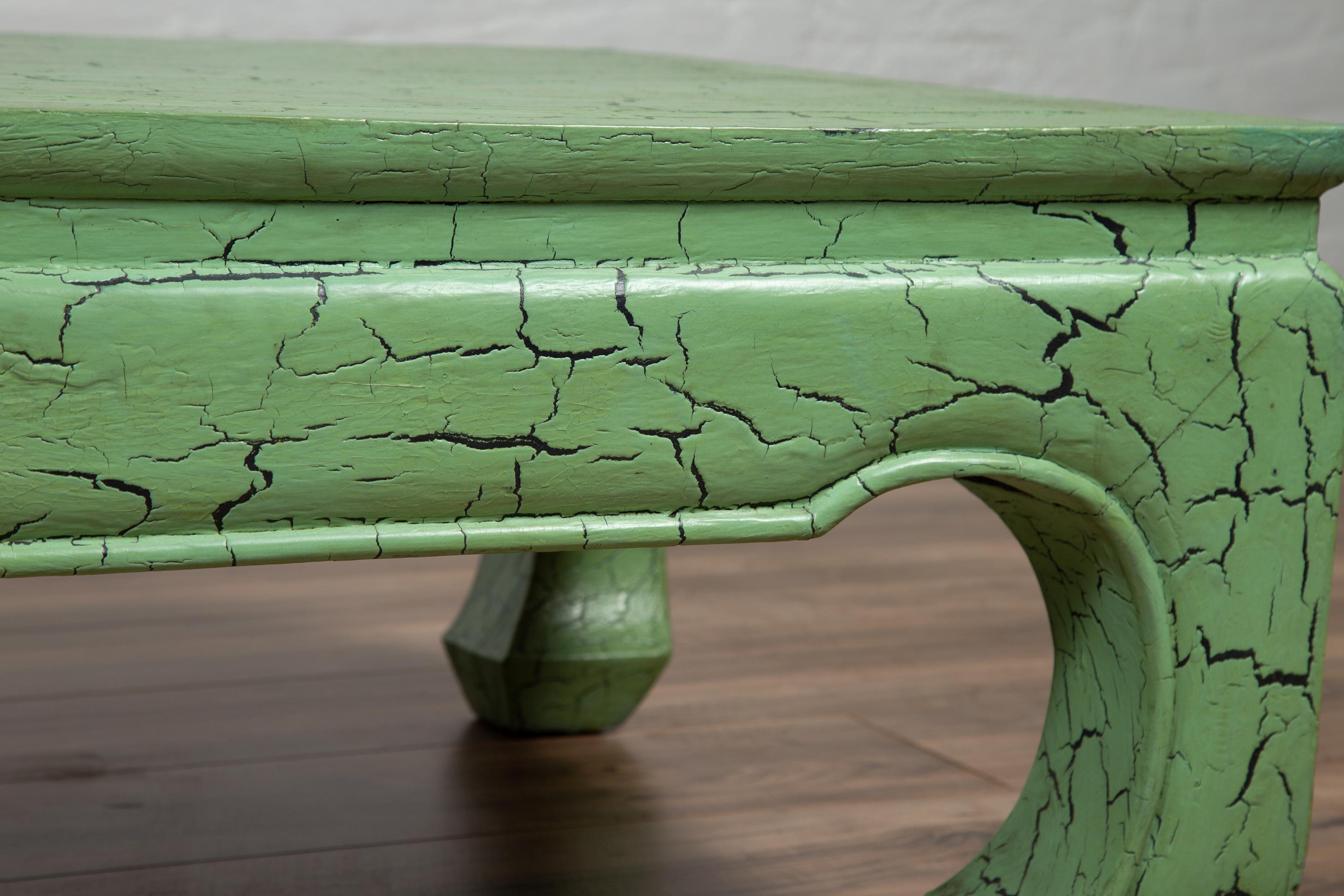 Vintage Thai Teak Coffee Table with Green Crackled Finish and Chow Legs, 1950s 4