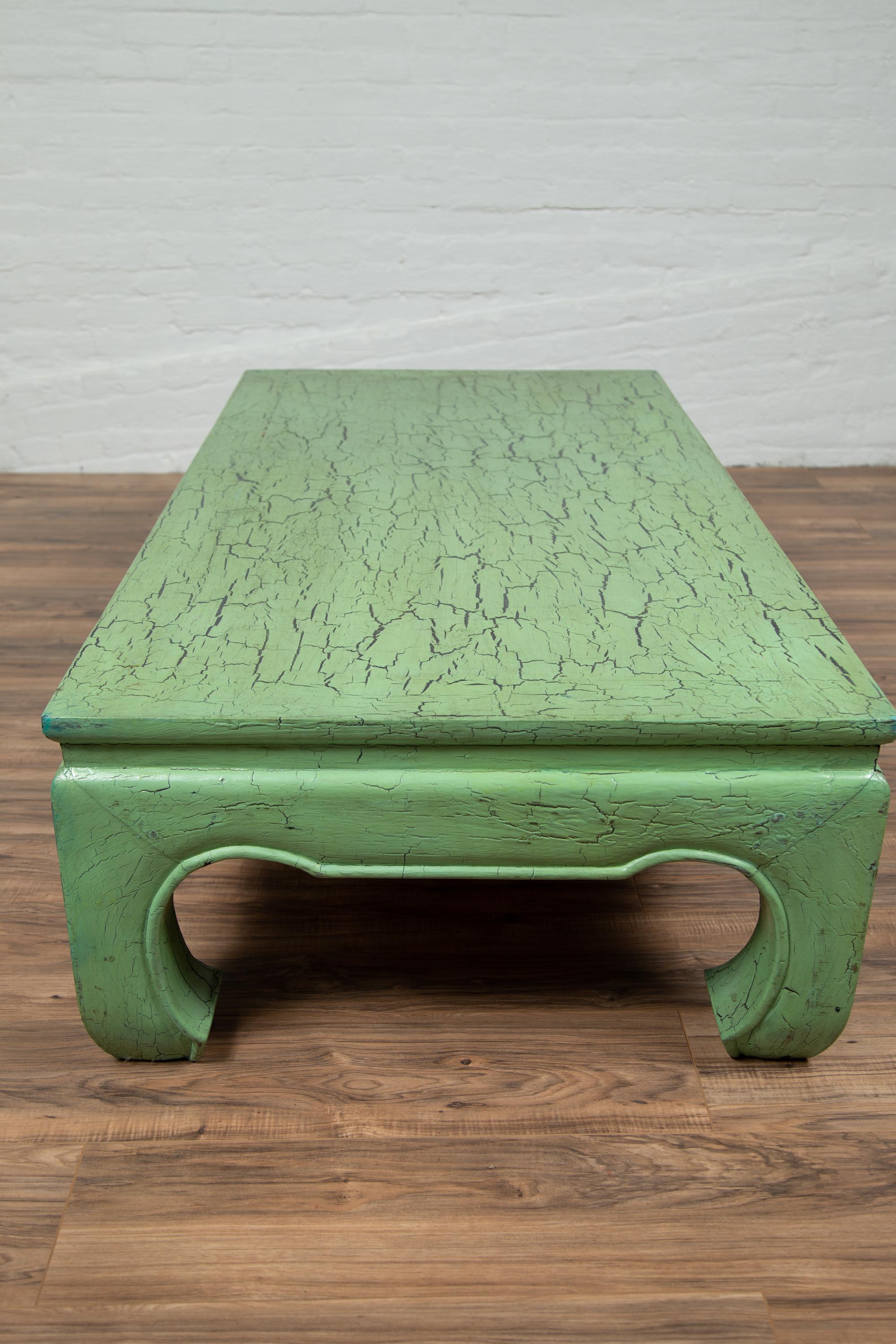 Vintage Thai Teak Coffee Table with Green Crackled Finish and Chow Legs, 1950s 6