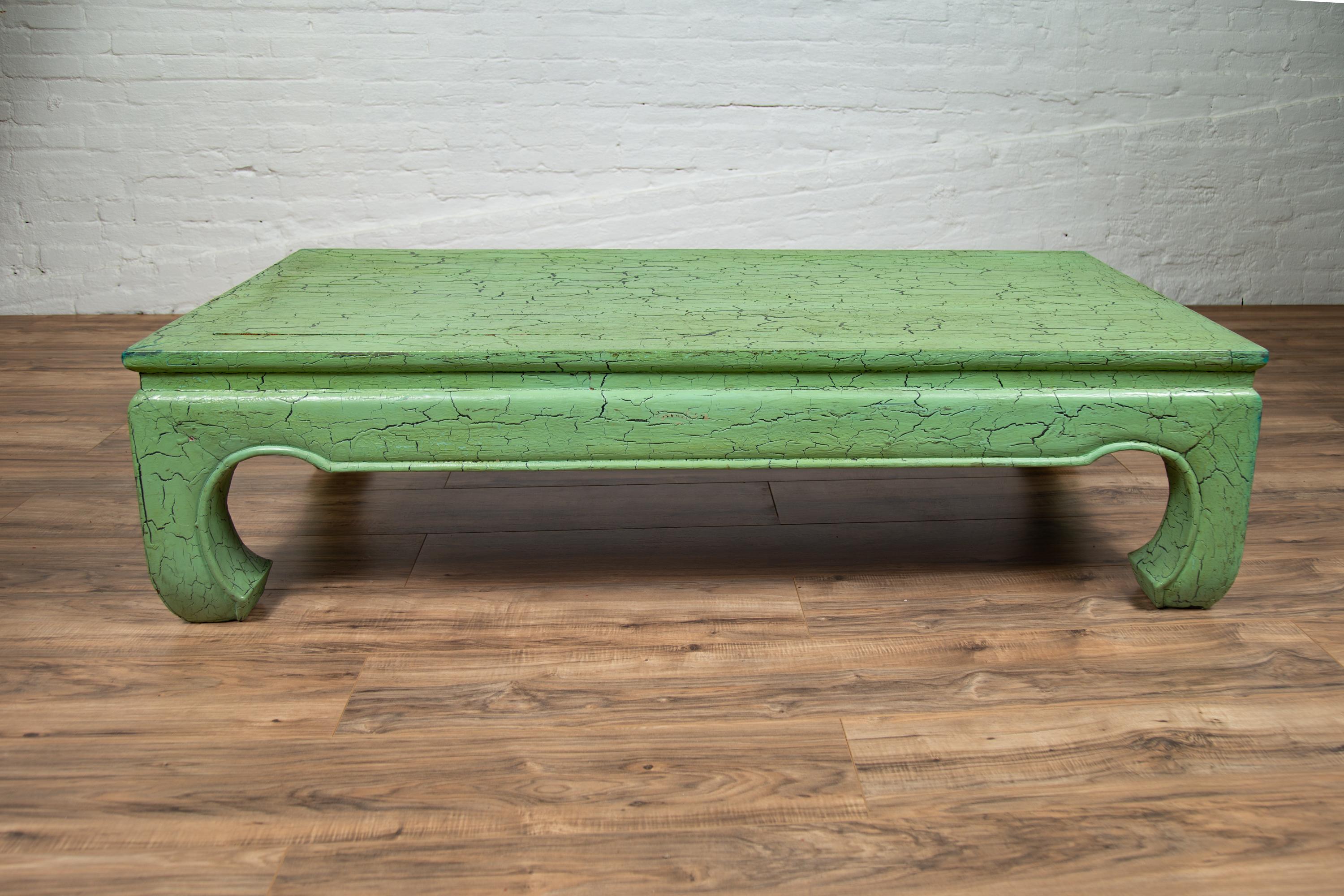 Vintage Thai Teak Coffee Table with Green Crackled Finish and Chow Legs, 1950s 7