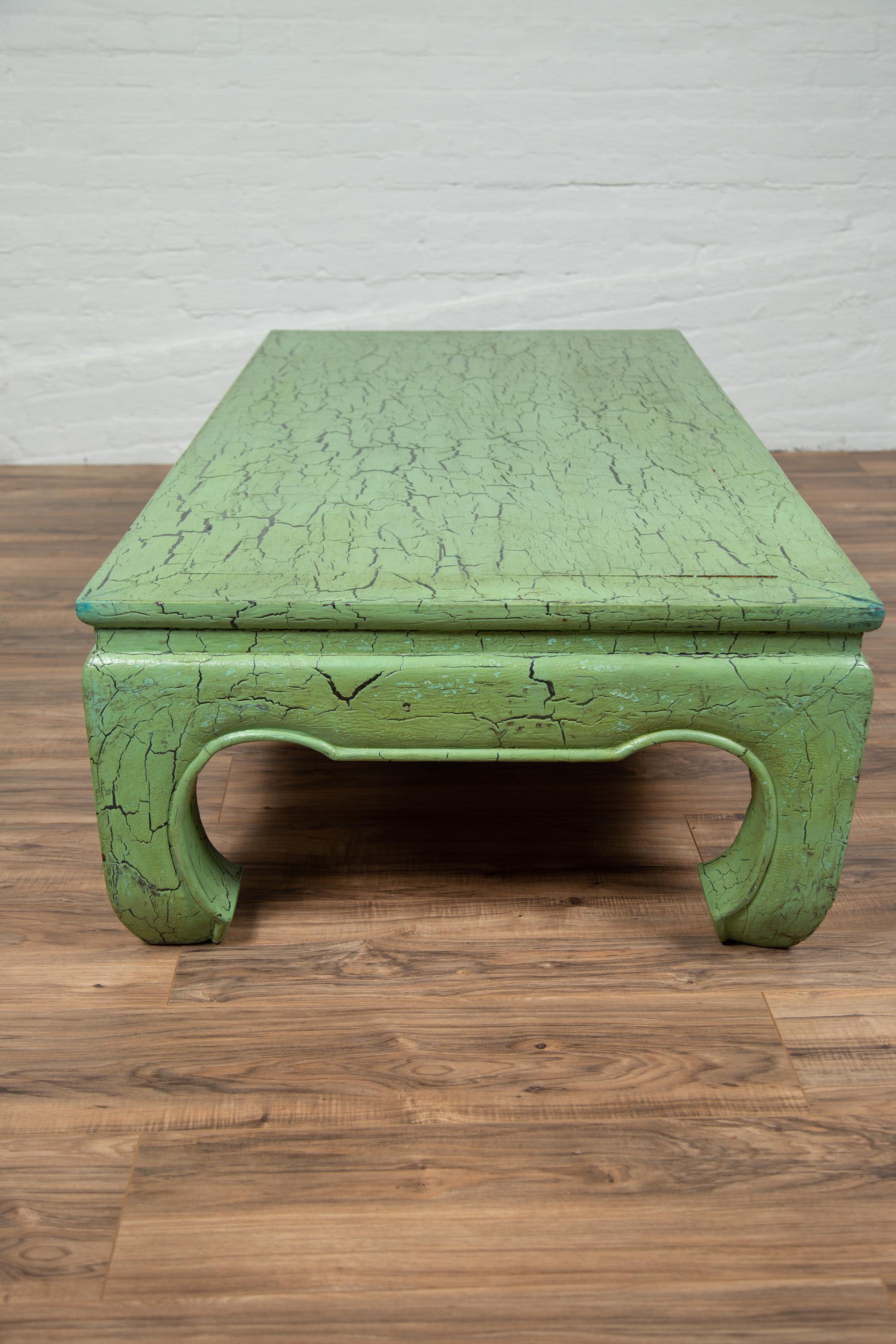 Vintage Thai Teak Coffee Table with Green Crackled Finish and Chow Legs, 1950s 8