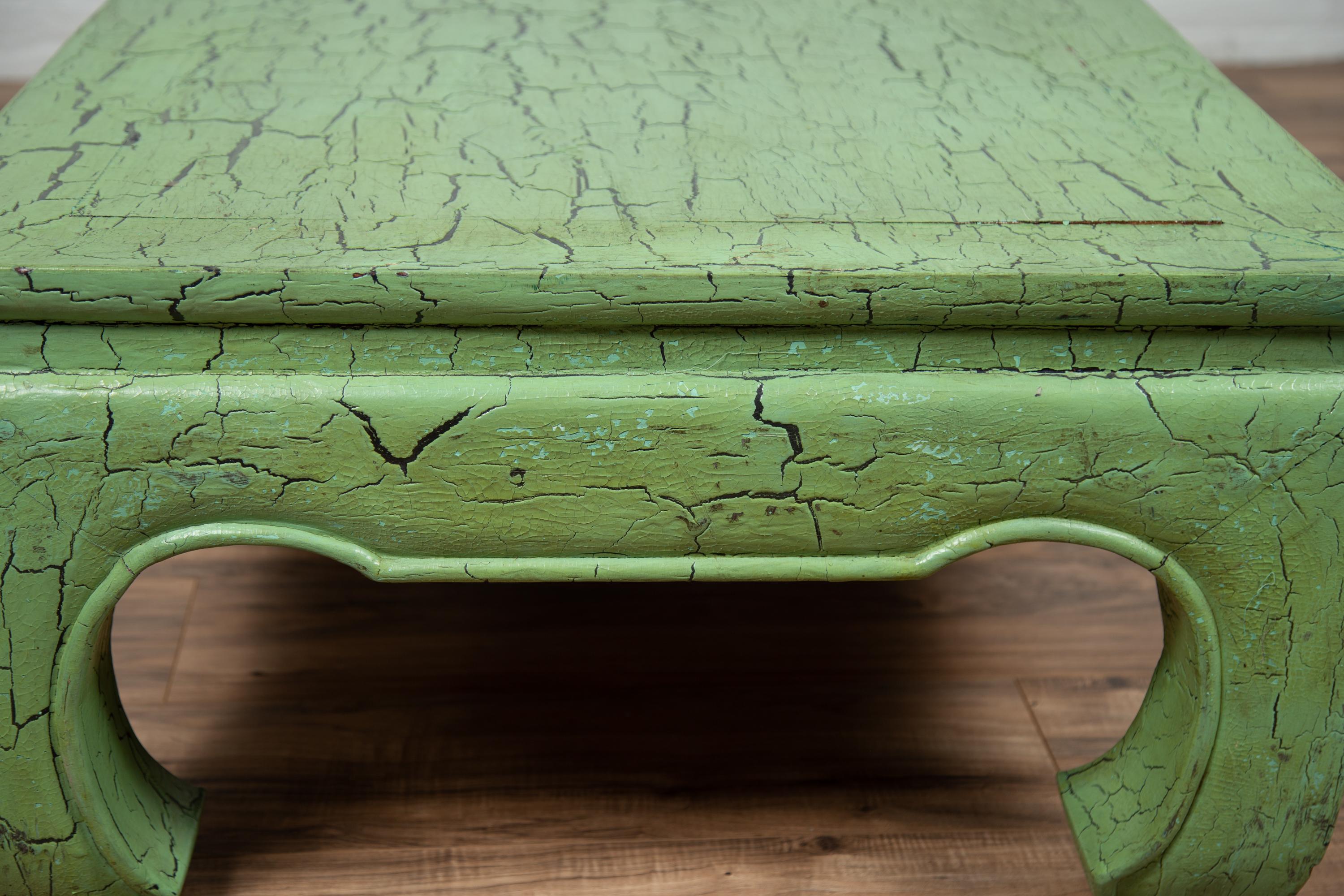 Vintage Thai Teak Coffee Table with Green Crackled Finish and Chow Legs, 1950s 9