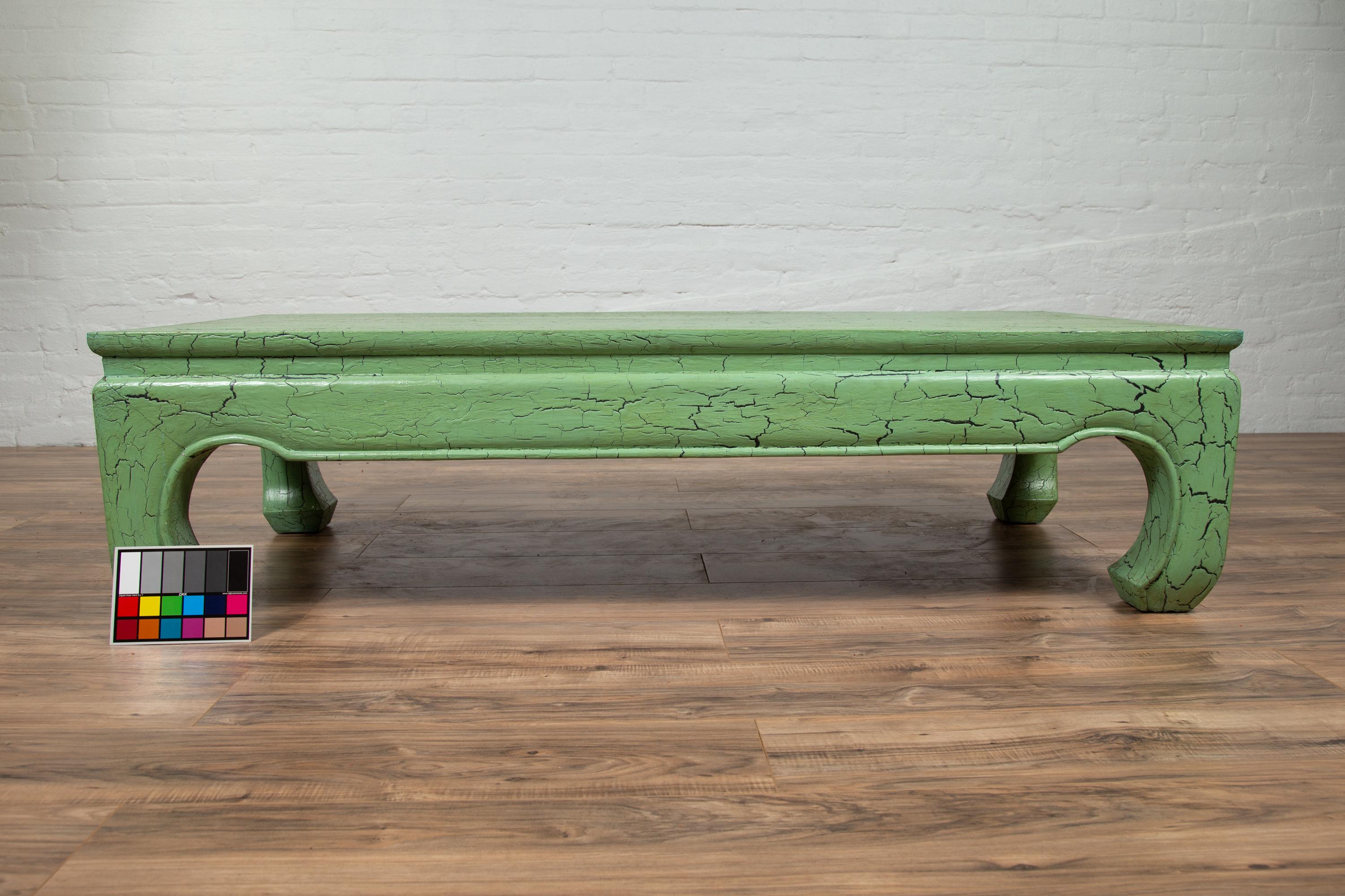 Vintage Thai Teak Coffee Table with Green Crackled Finish and Chow Legs, 1950s 10