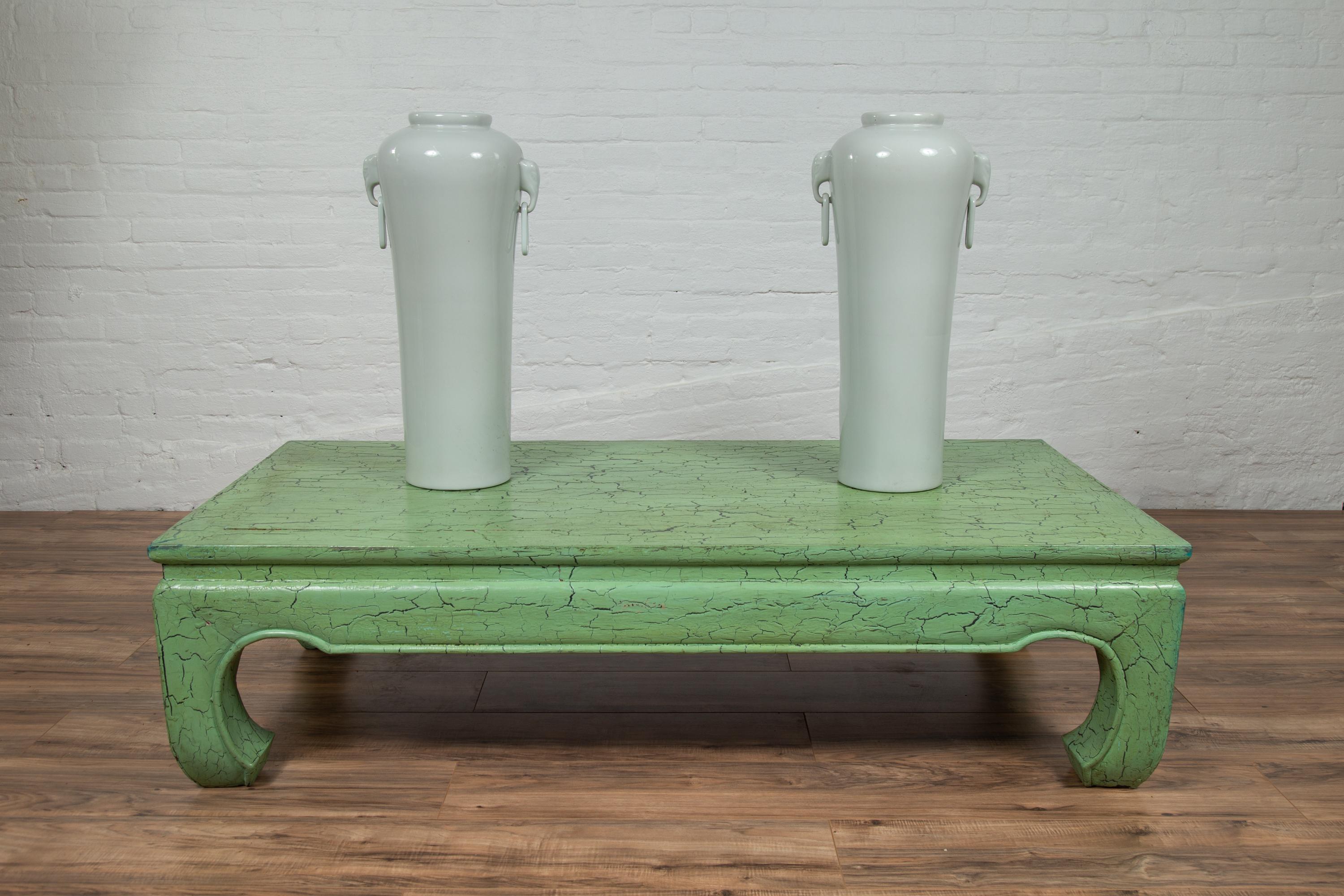 Painted Vintage Thai Teak Coffee Table with Green Crackled Finish and Chow Legs, 1950s