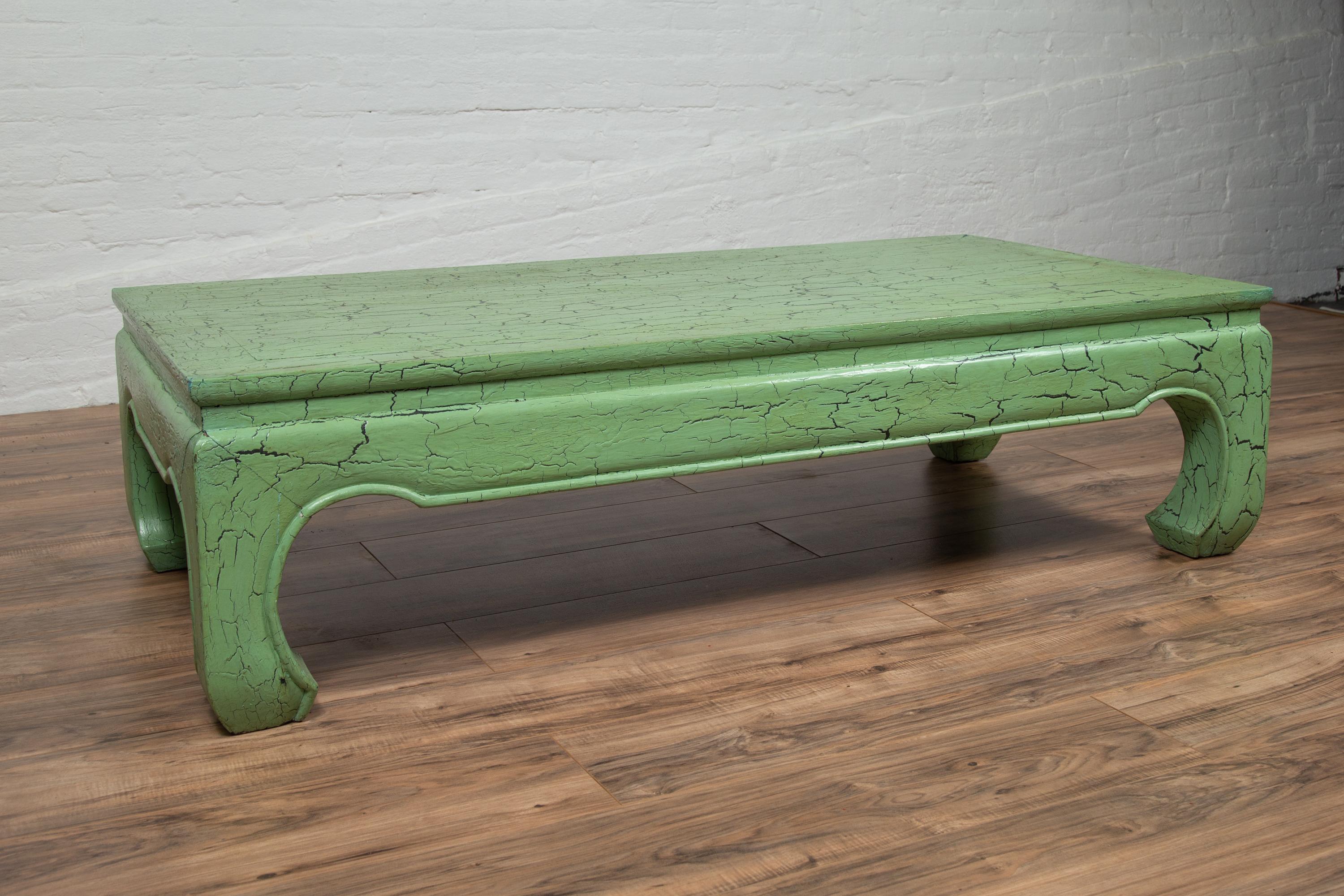 Vintage Thai Teak Coffee Table with Green Crackled Finish and Chow Legs, 1950s In Good Condition In Yonkers, NY