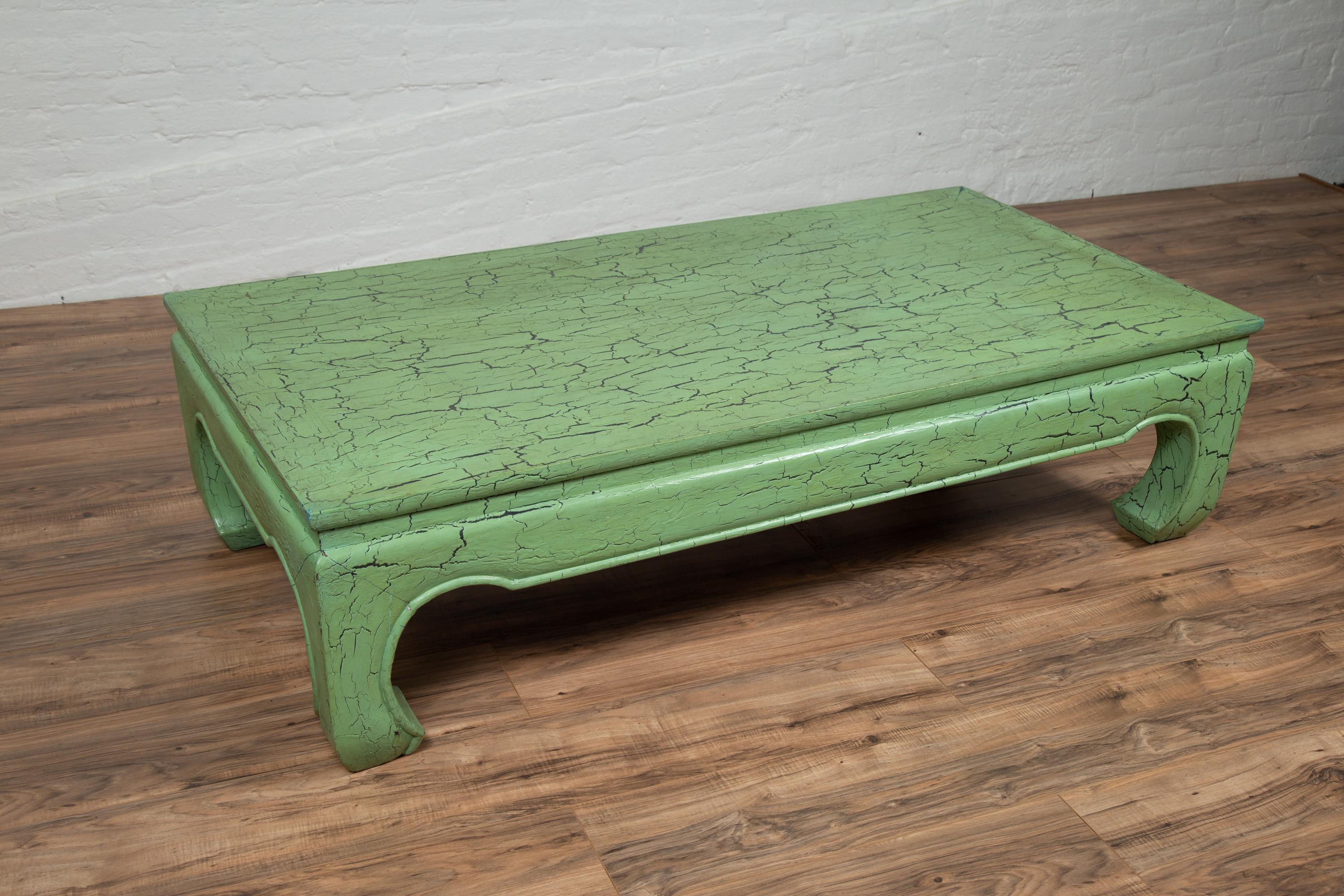 20th Century Vintage Thai Teak Coffee Table with Green Crackled Finish and Chow Legs, 1950s