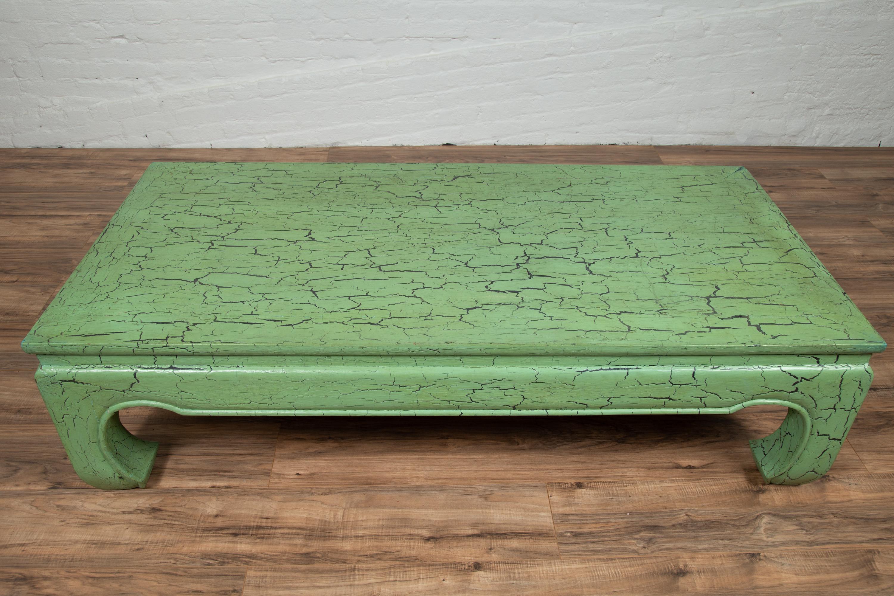 Vintage Thai Teak Coffee Table with Green Crackled Finish and Chow Legs, 1950s 1