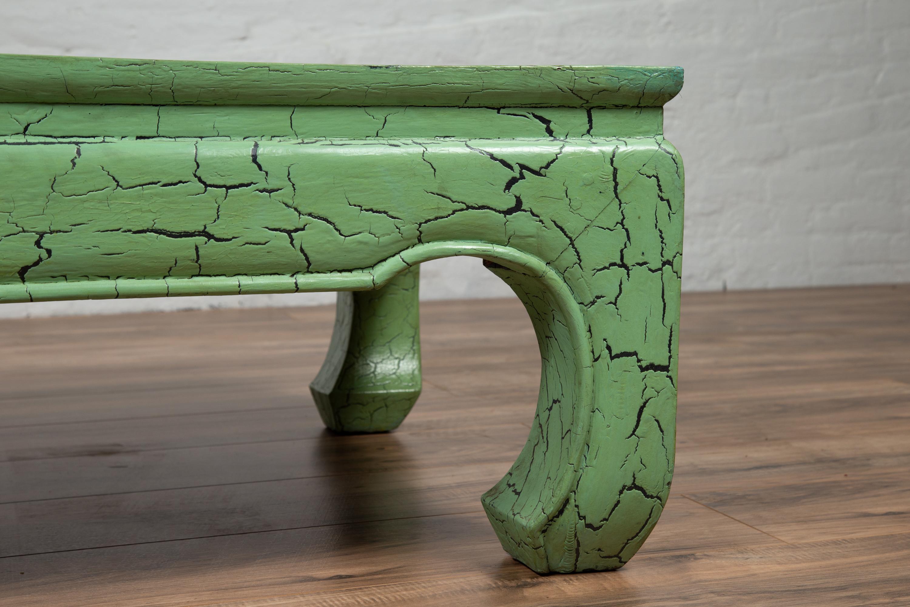 Vintage Thai Teak Coffee Table with Green Crackled Finish and Chow Legs, 1950s 2