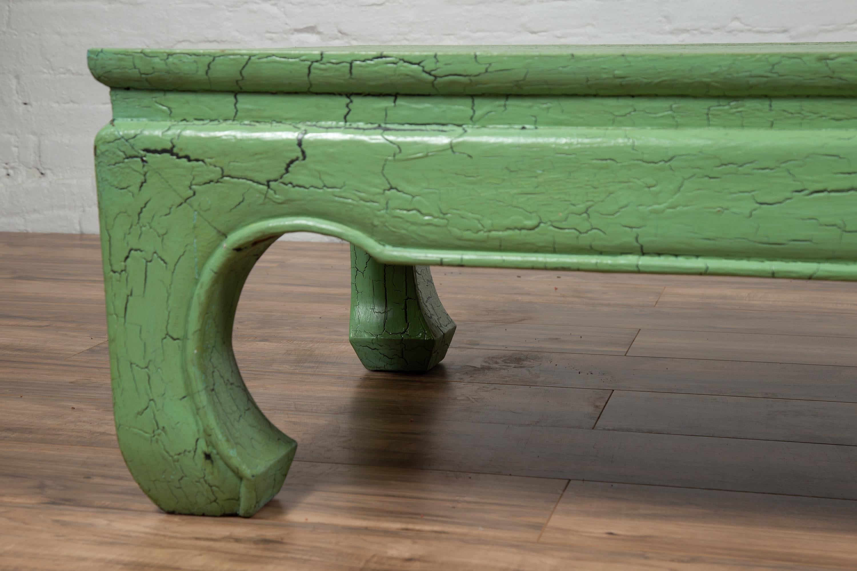 Vintage Thai Teak Coffee Table with Green Crackled Finish and Chow Legs, 1950s 3