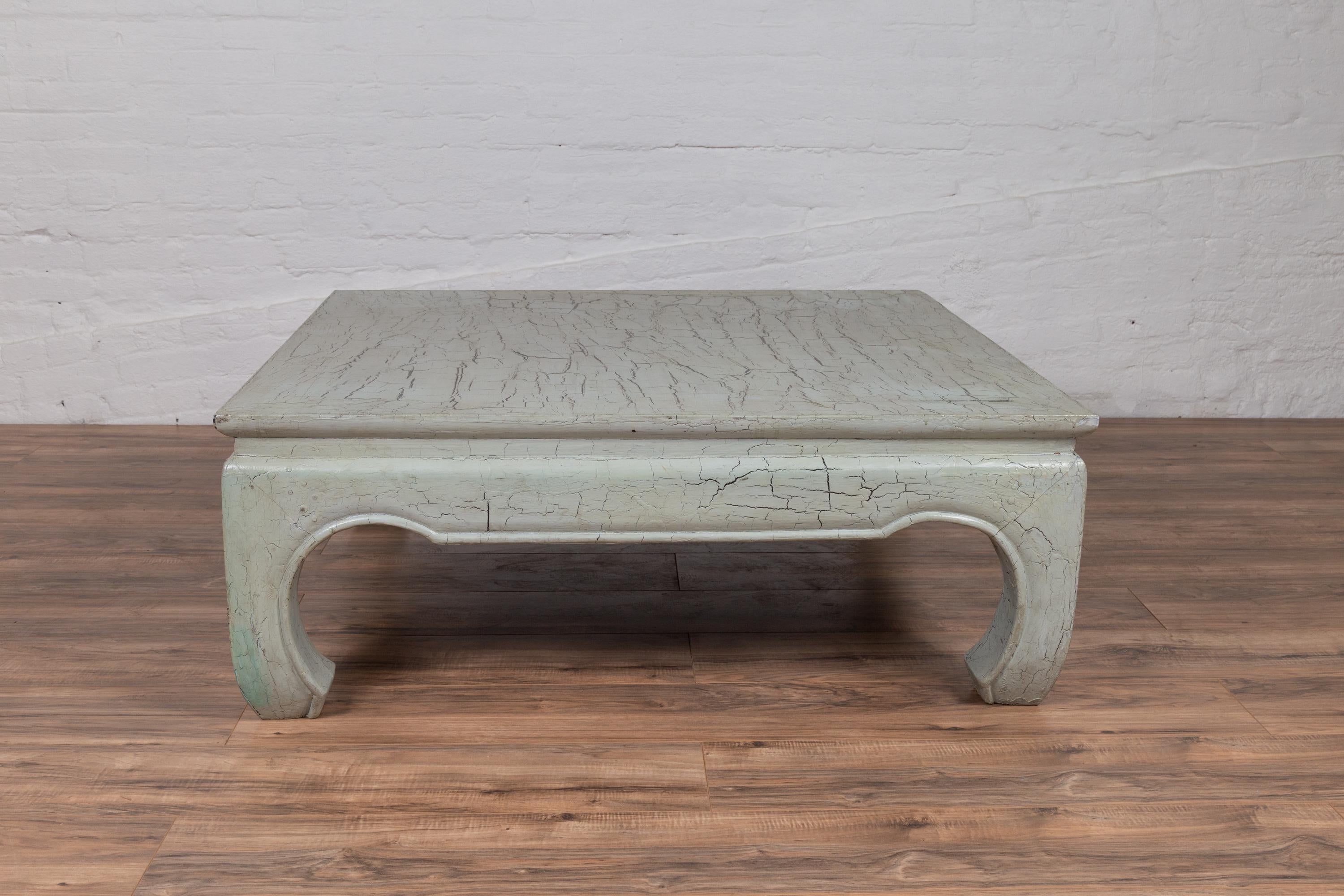 Vintage Thai Teak Coffee Table with Mint Green Distressed Finish and Chow Legs For Sale 2