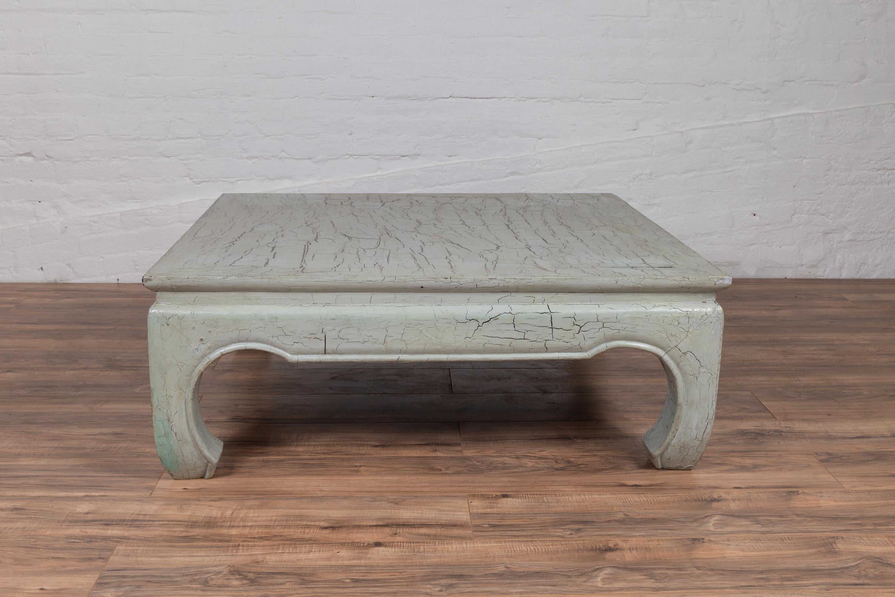 Ming Style Teak Coffee Table with Mint Green Distressed Finish and Chow Legs 2
