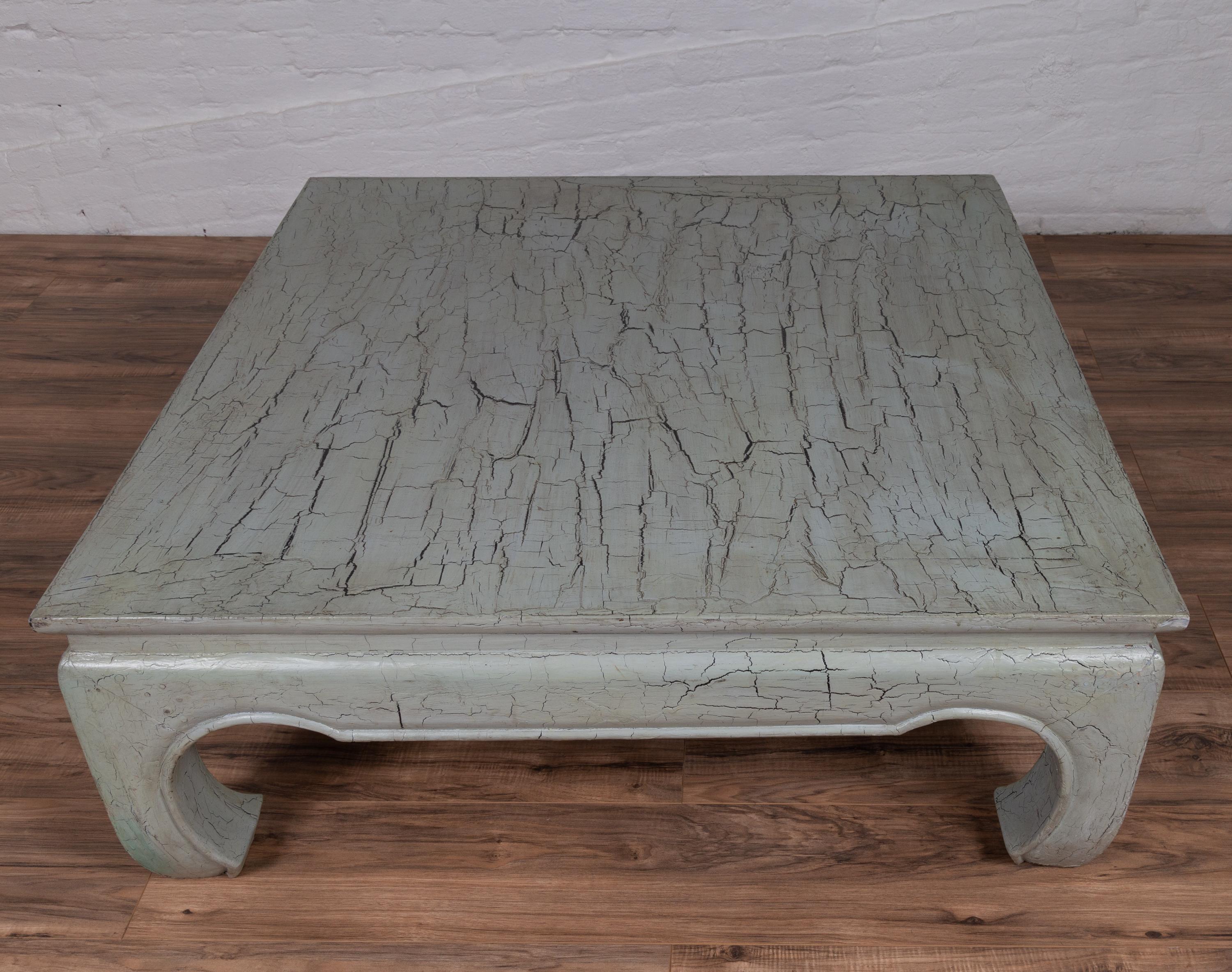 Ming Style Teak Coffee Table with Mint Green Distressed Finish and Chow Legs 3