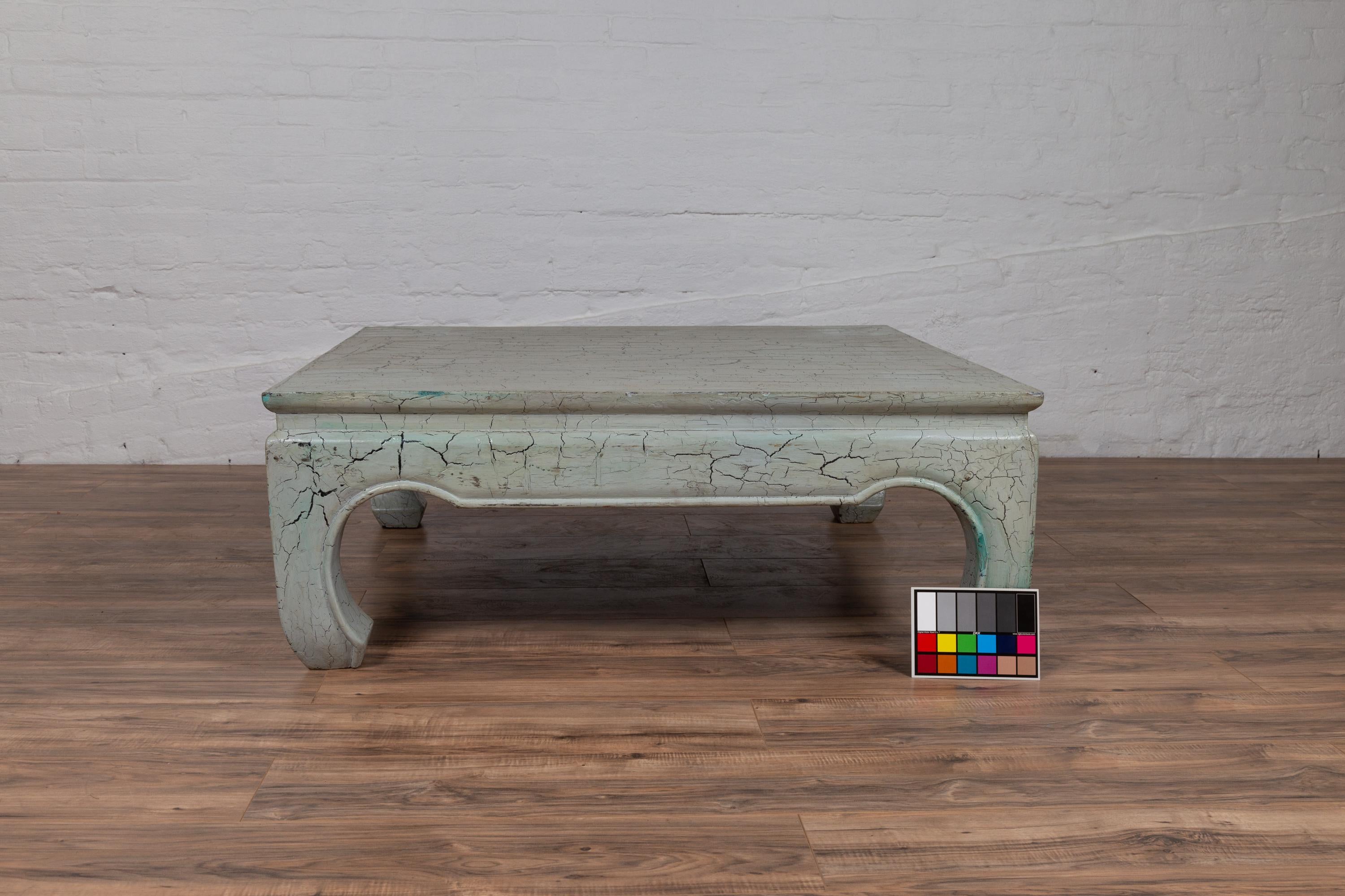 Vintage Thai Teak Coffee Table with Mint Green Distressed Finish and Chow Legs For Sale 4