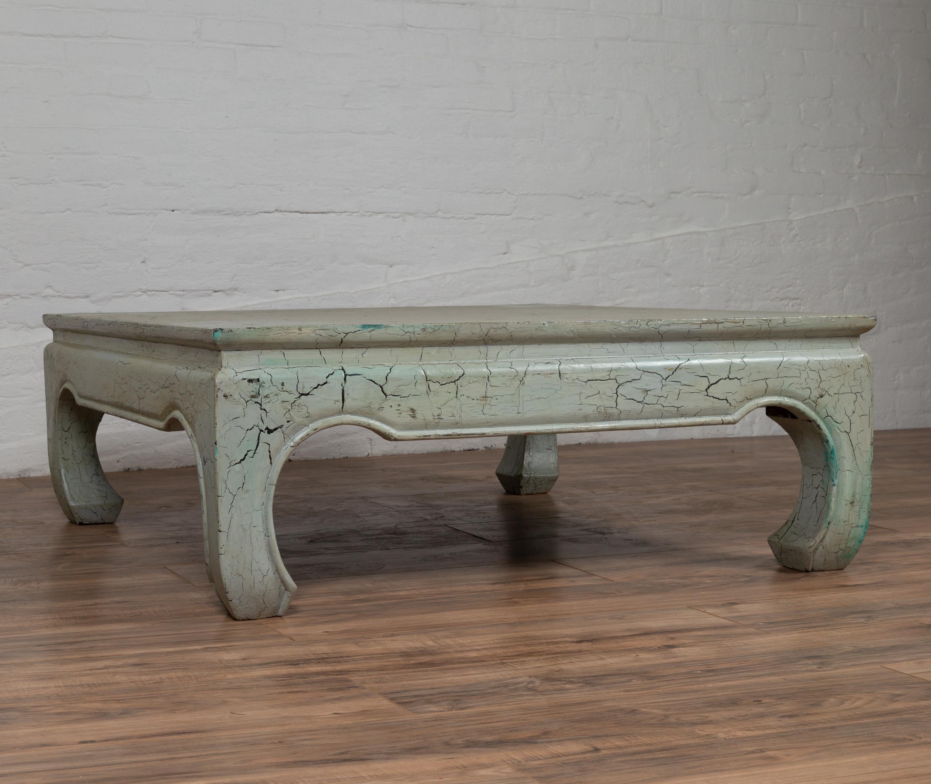 Ming Vintage Thai Teak Coffee Table with Mint Green Distressed Finish and Chow Legs For Sale