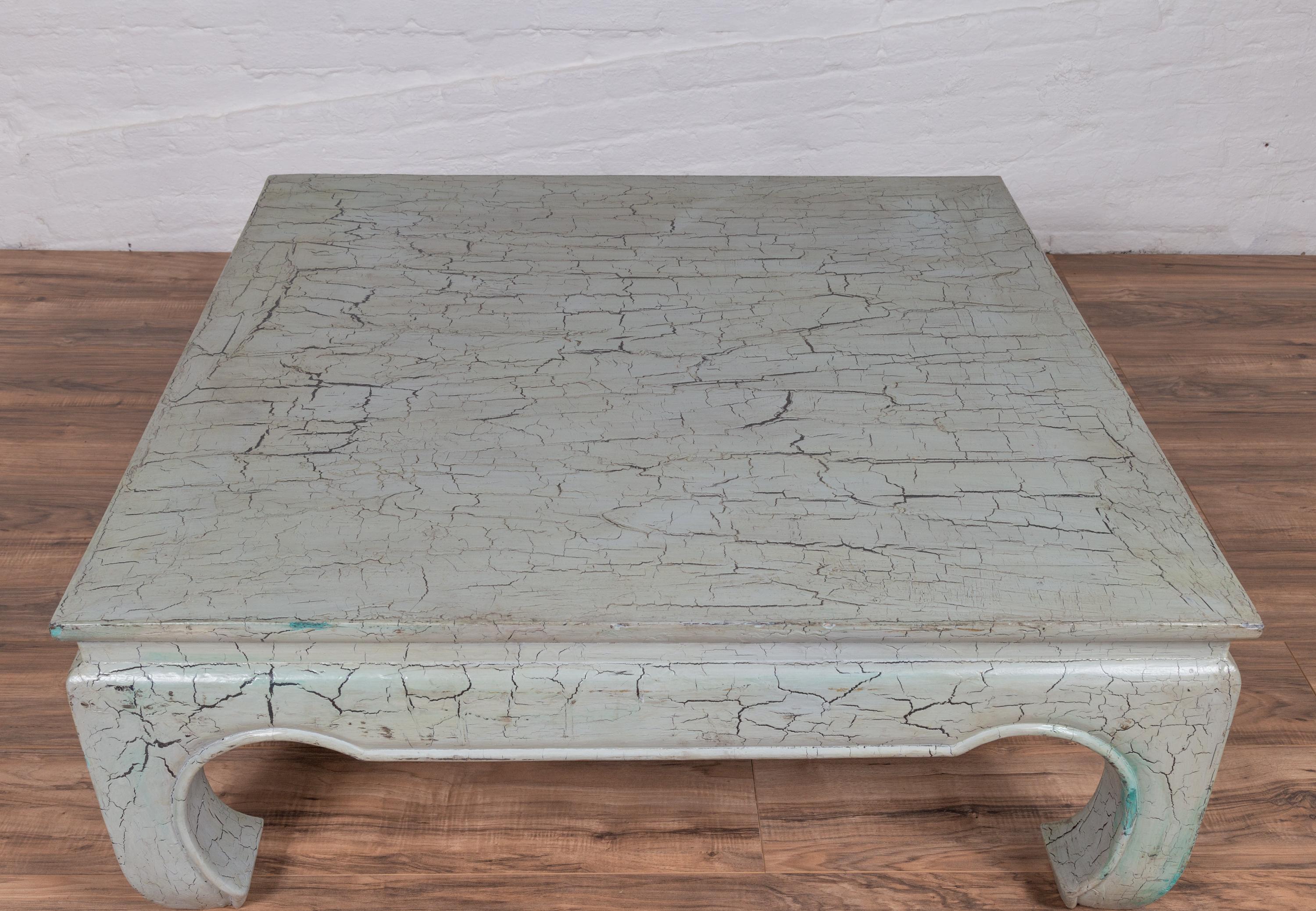 Painted Vintage Thai Teak Coffee Table with Mint Green Distressed Finish and Chow Legs For Sale