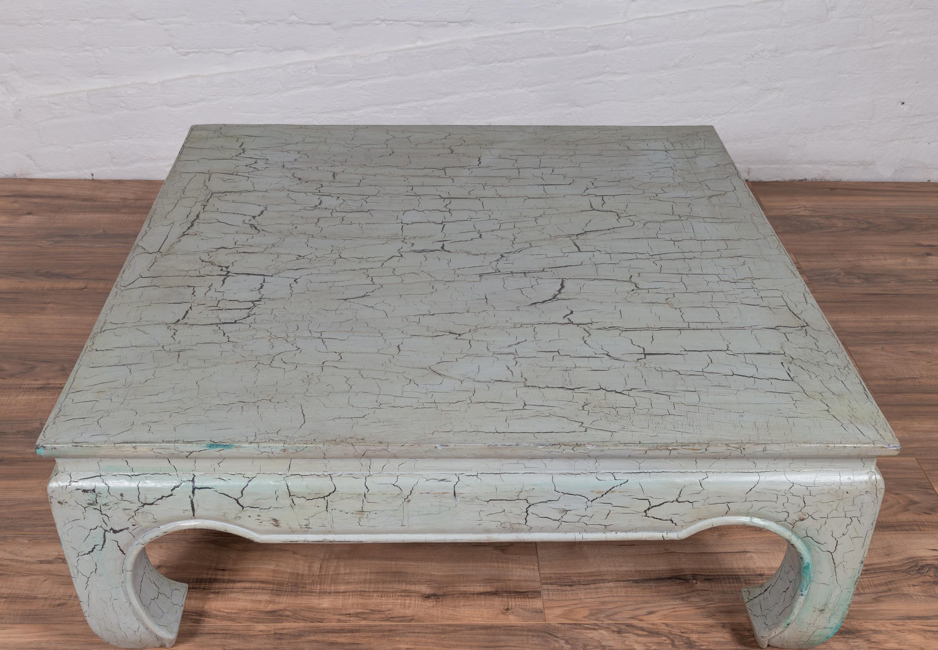 Carved Ming Style Teak Coffee Table with Mint Green Distressed Finish and Chow Legs