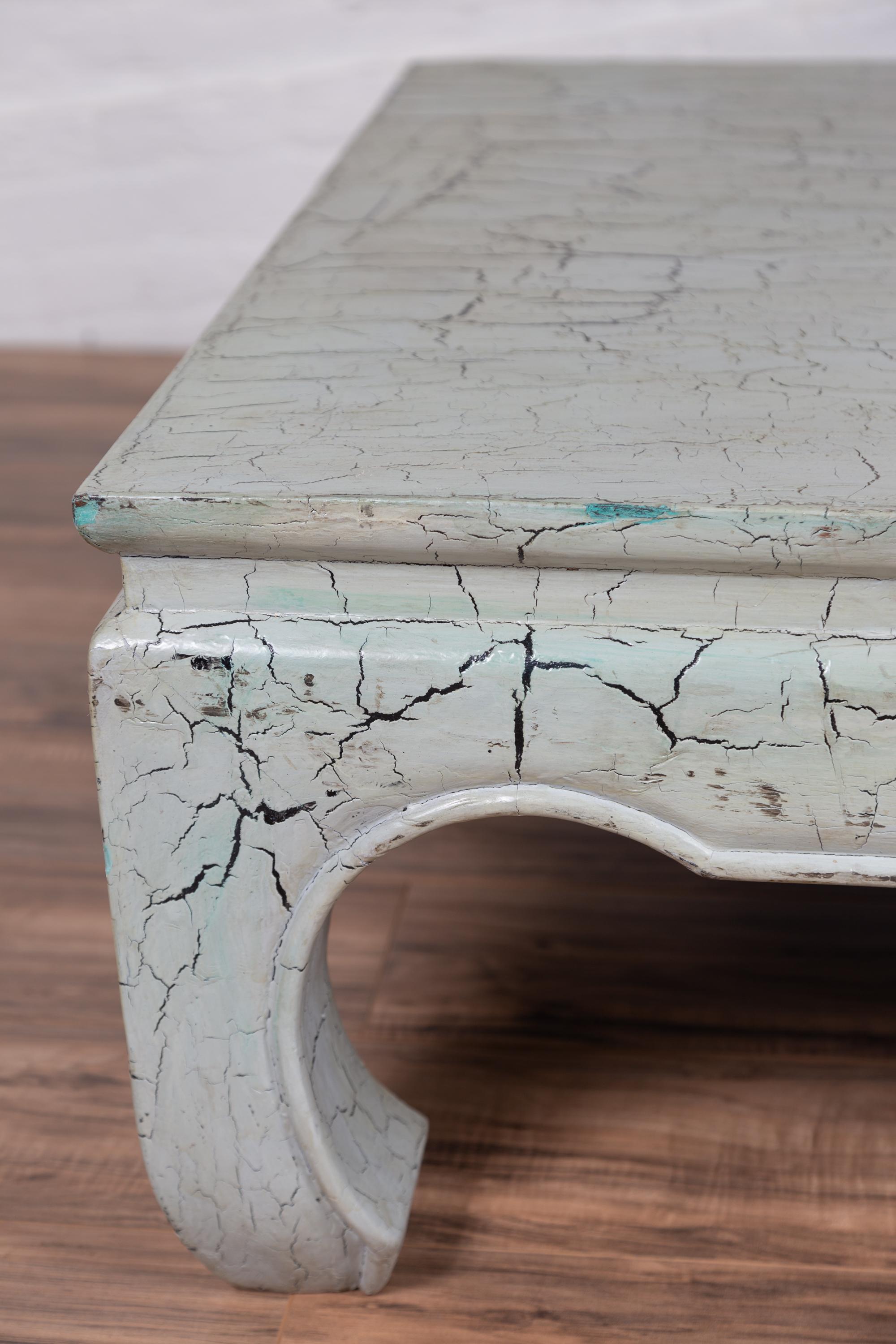 Ming Style Teak Coffee Table with Mint Green Distressed Finish and Chow Legs In Good Condition In Yonkers, NY