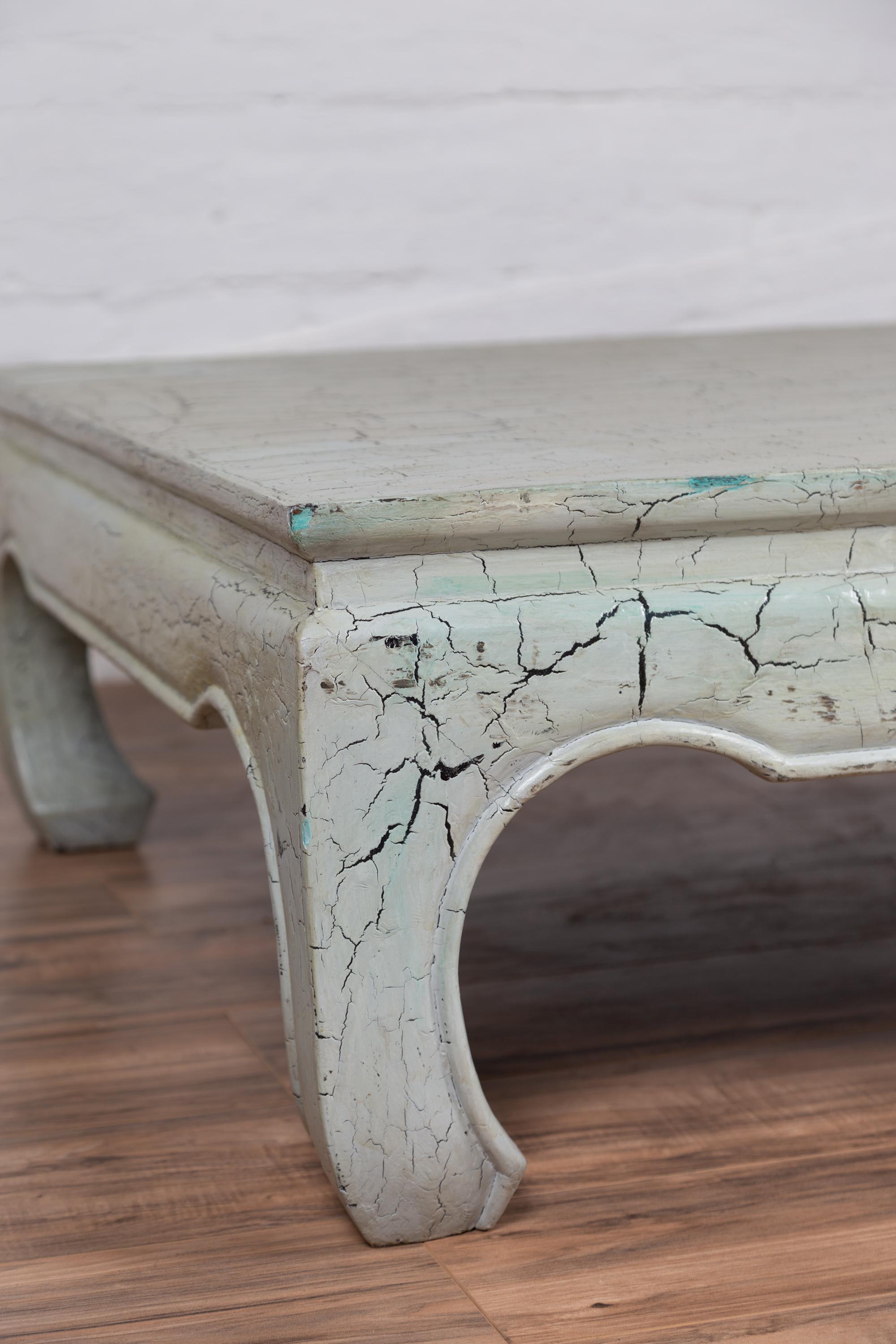 20th Century Vintage Thai Teak Coffee Table with Mint Green Distressed Finish and Chow Legs For Sale