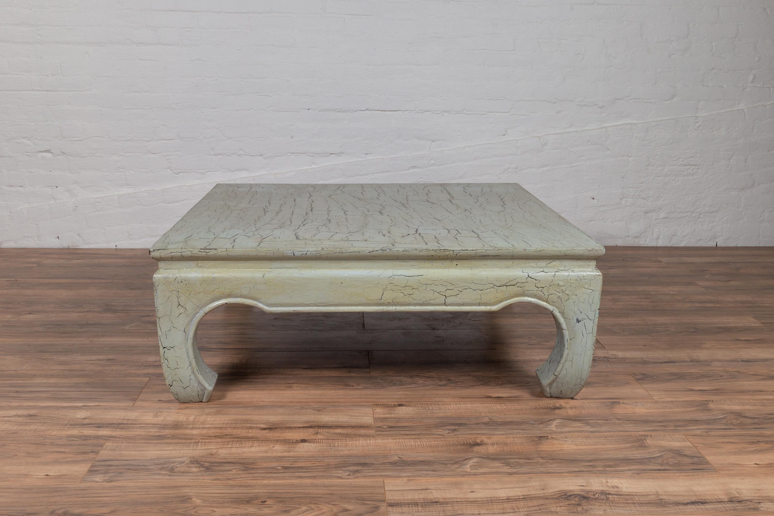 Wood Vintage Thai Teak Coffee Table with Mint Green Distressed Finish and Chow Legs For Sale