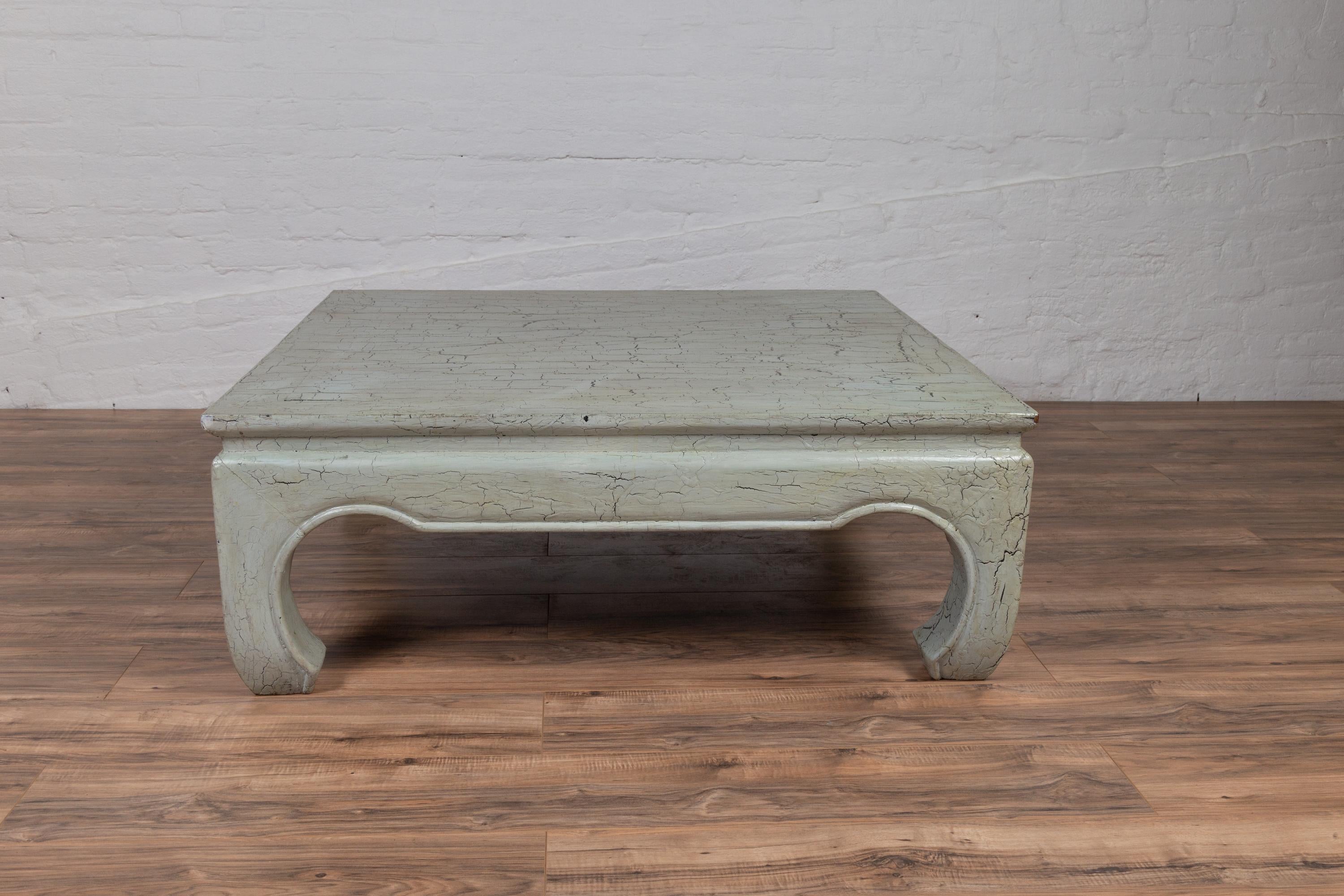 Vintage Thai Teak Coffee Table with Mint Green Distressed Finish and Chow Legs For Sale 1