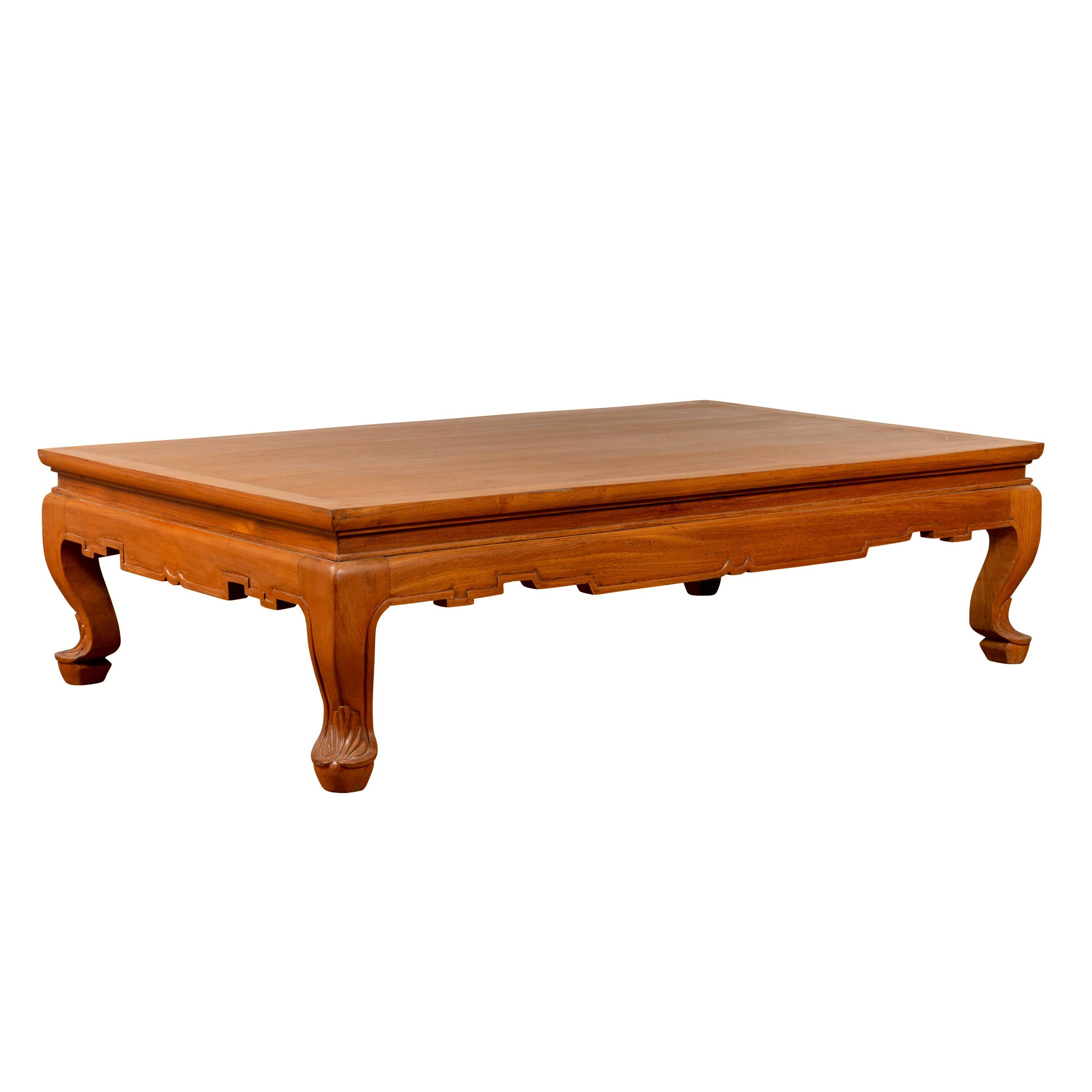 Vintage Thai Teak Coffee Table with Waisted Top, Carved Apron and Cabriole Legs