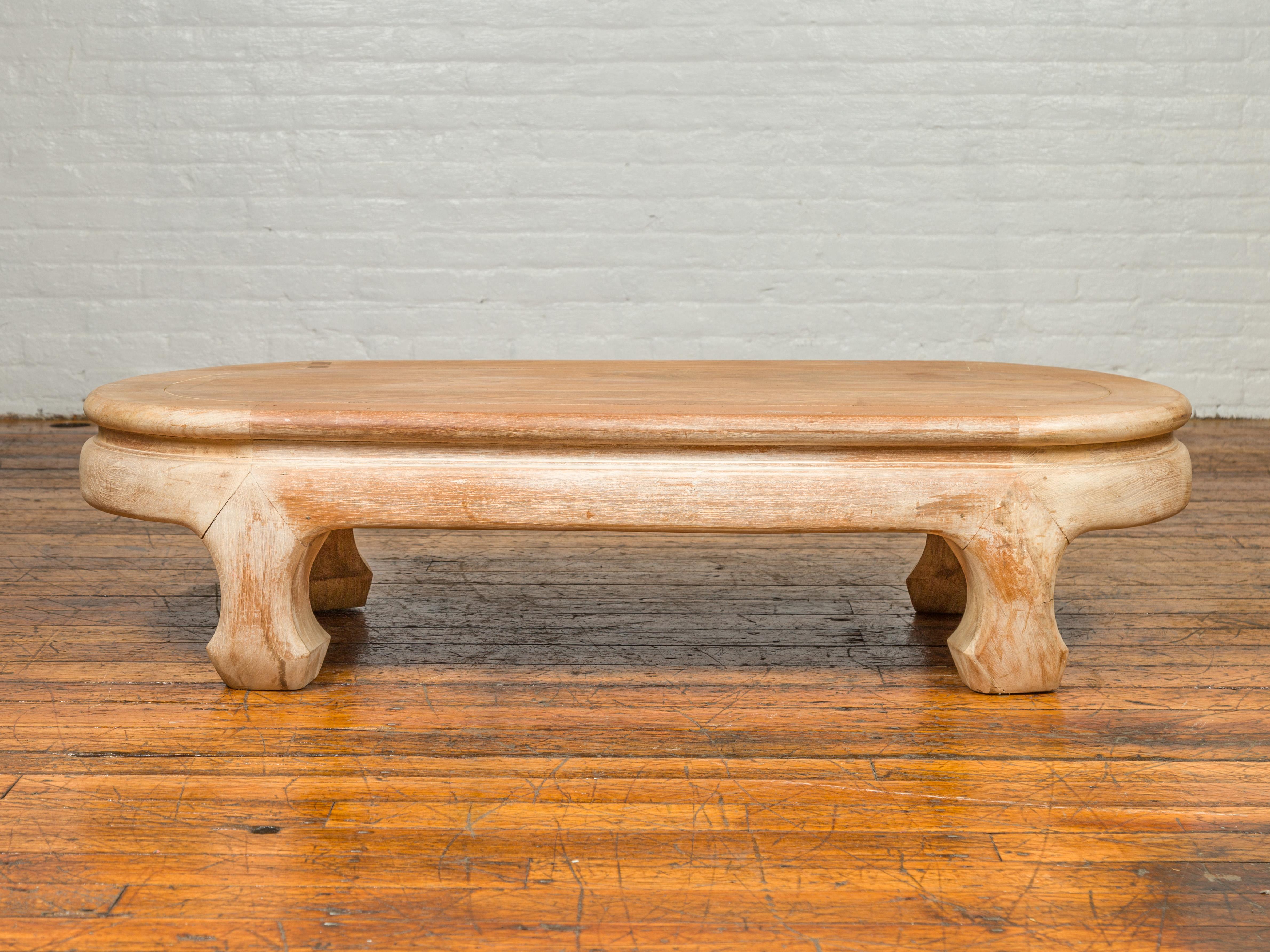 Mid-Century Modern Vintage Thai Teak Oval Top Coffee Table with Whitewash Finish and Chow Legs