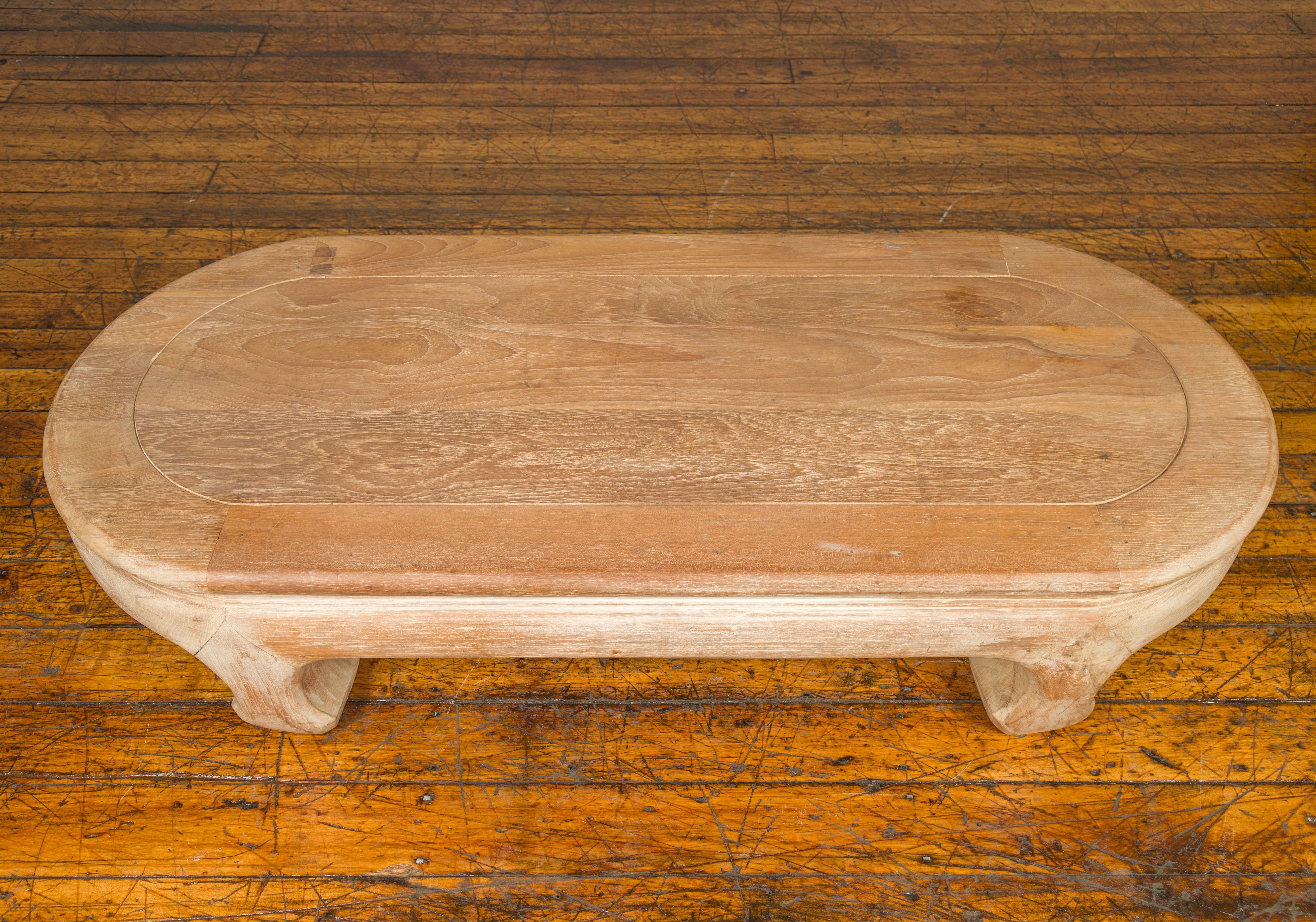 20th Century Vintage Thai Teak Oval Top Coffee Table with Whitewash Finish and Chow Legs