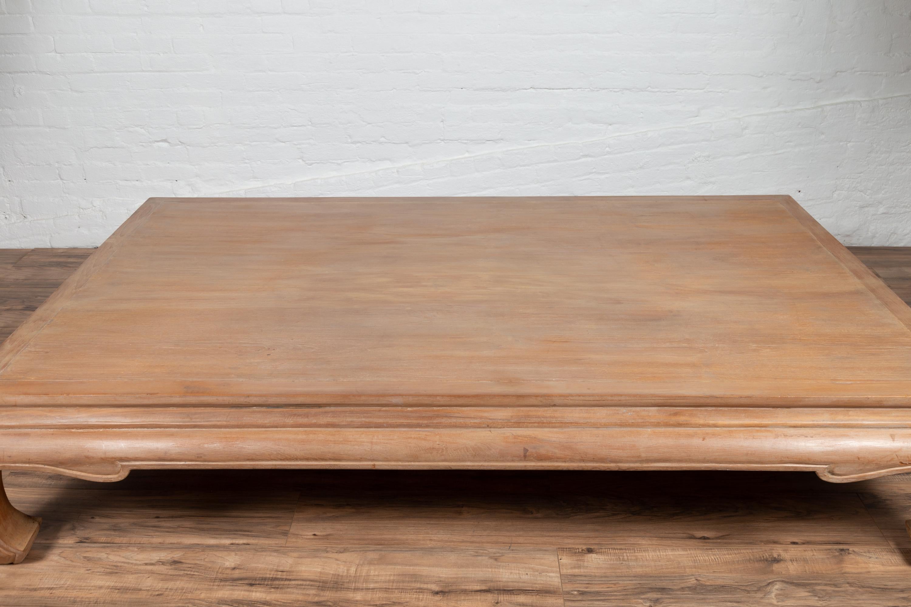 Thai Teak Wood Coffee Table with White Wash Finish and Bulging Chow Legs In Good Condition In Yonkers, NY