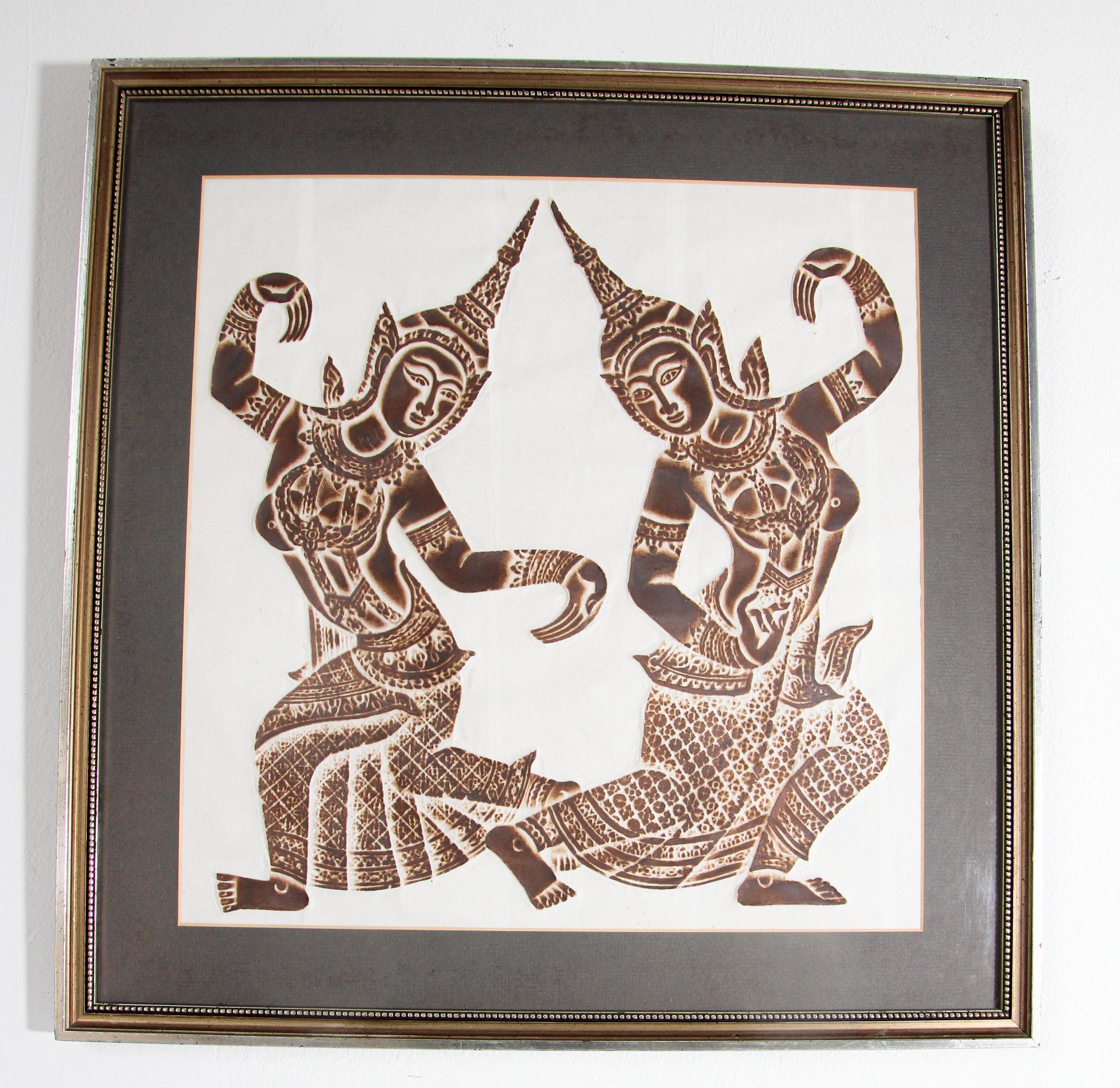 Vintage Thai Temple Charcoal Rubbing on Rice Paper For Sale 1