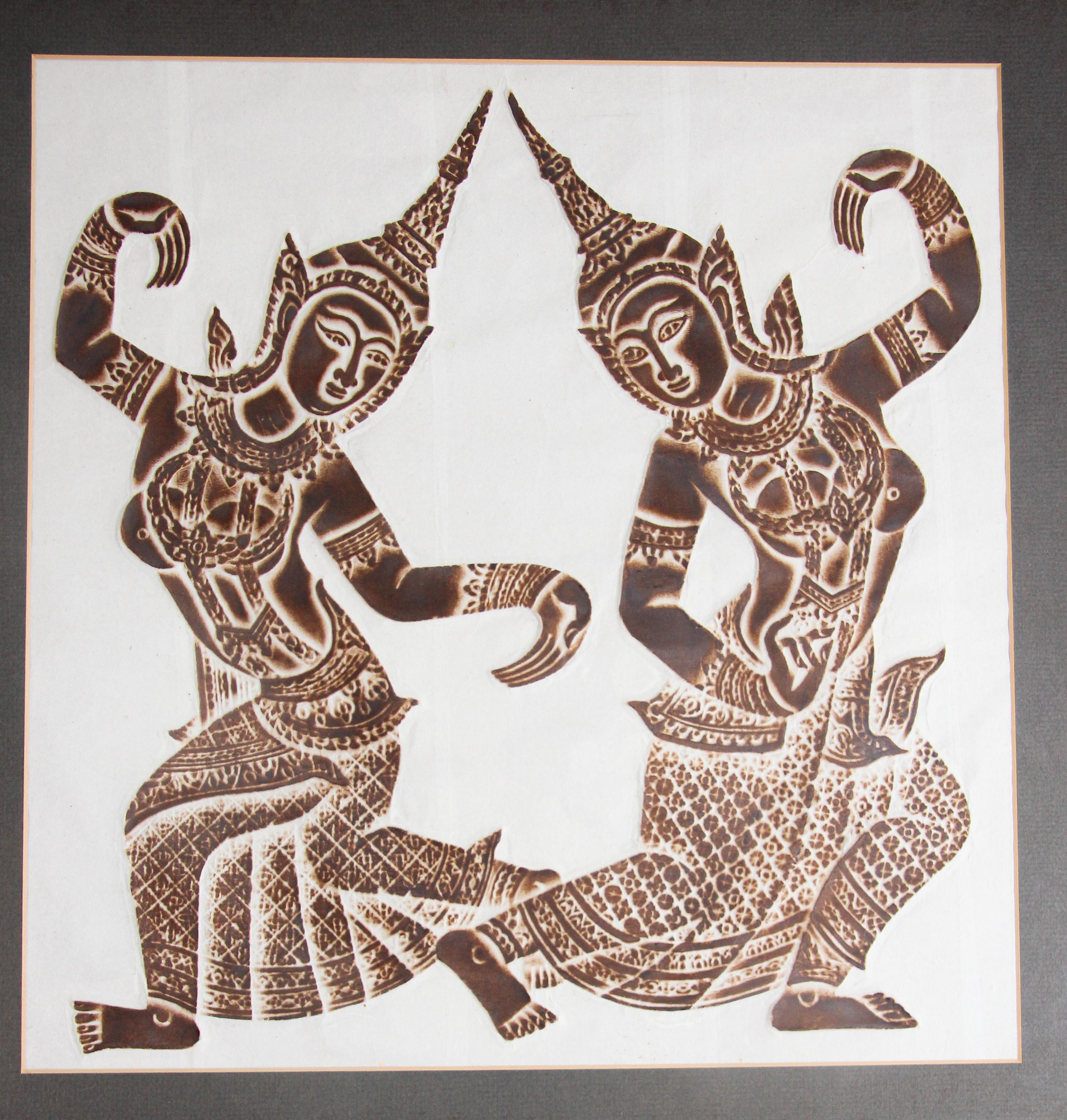 Vintage Thai Temple Charcoal Rubbing on Rice Paper For Sale 2