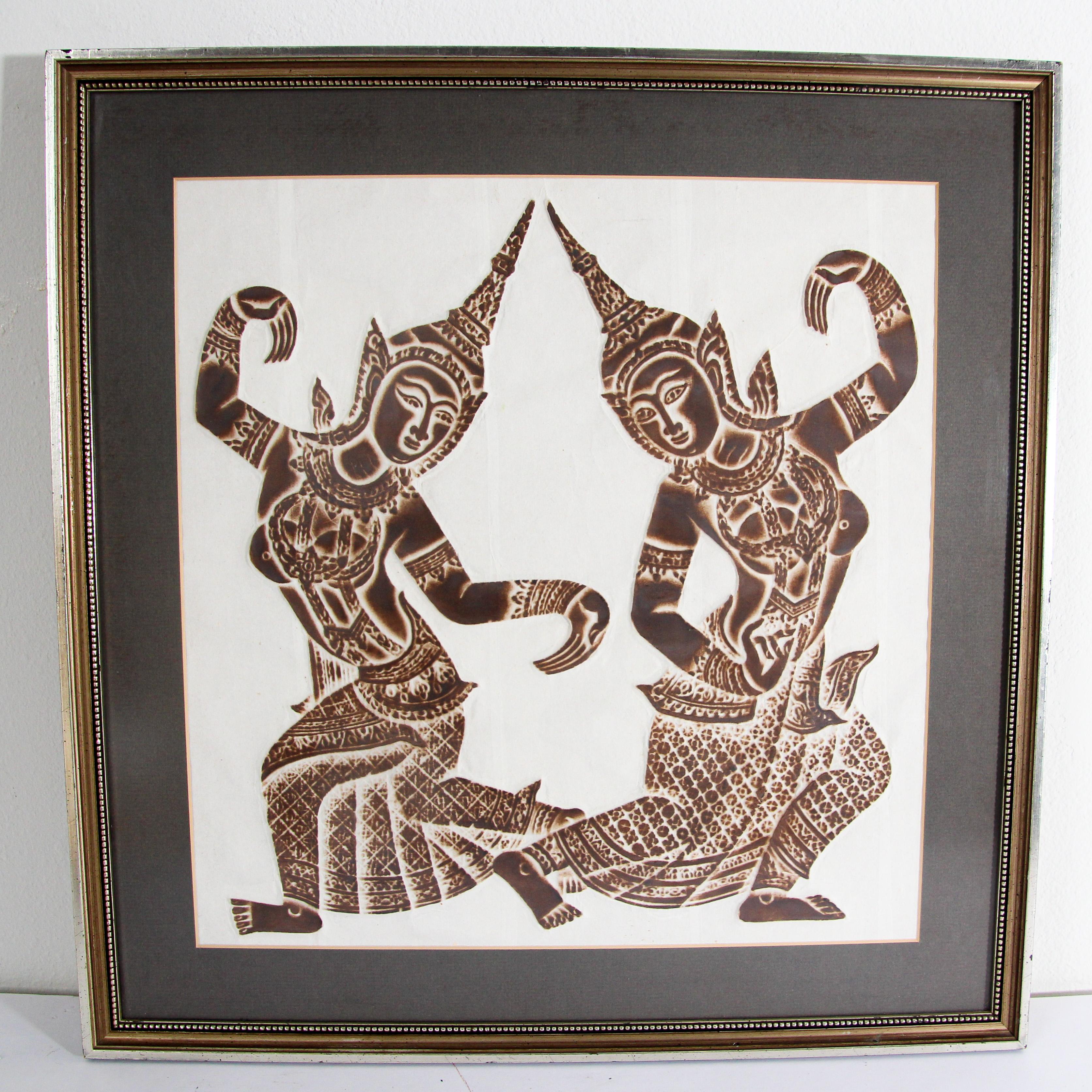 Vintage Thai Temple Charcoal Rubbing on Rice Paper For Sale 4