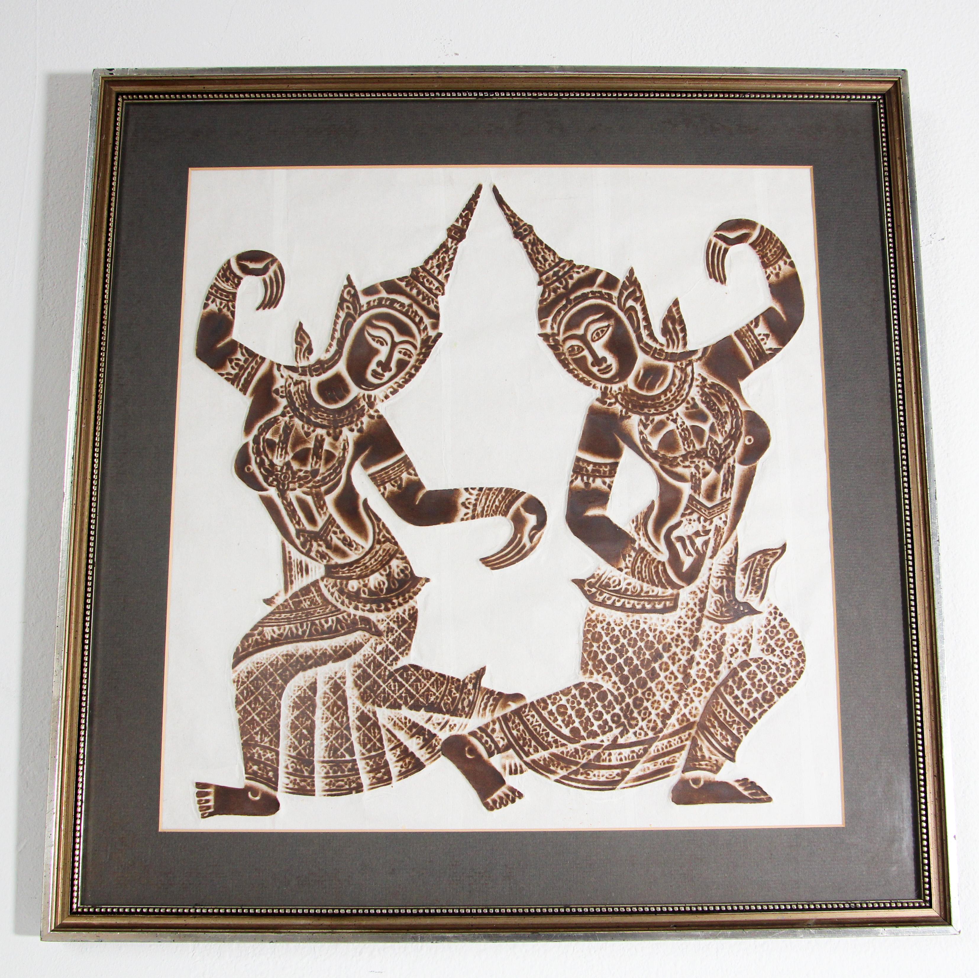 Vintage Thai Temple charcoal rubbing. Hand crafted temple scenes at the Wat Pho temple located in Phra Nakhon district in Bangkok Thailand depicting the Thai literary story of Ramakien (Ramakean), the Thai adaptation of Ramayana. 
Rare Thai Temple
