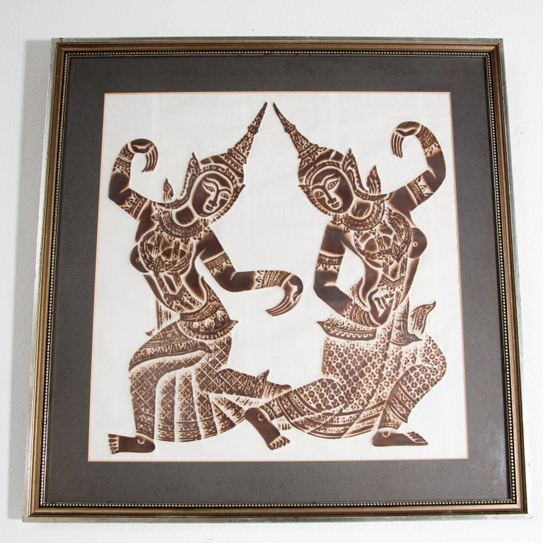 Vintage Thai Temple charcoal rubbing. Hand crafted temple scenes at the Wat Pho temple located in Phra Nakhon district in Bangkok Thailand depicting the Thai literary story of Ramakien (Ramakean), the Thai adaptation of Ramayana. 
Rare Thai Temple
