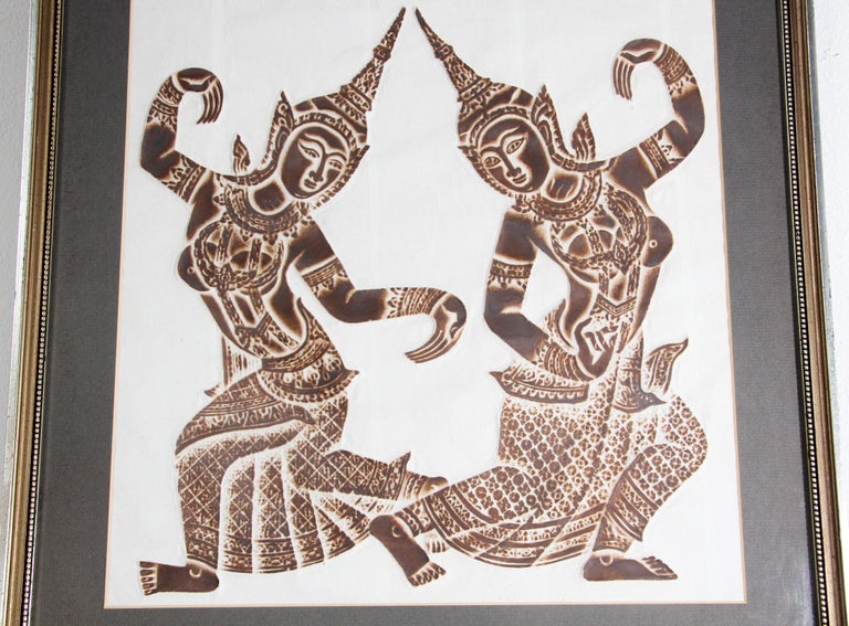 Folk Art Vintage Thai Temple Charcoal Rubbing on Rice Paper For Sale
