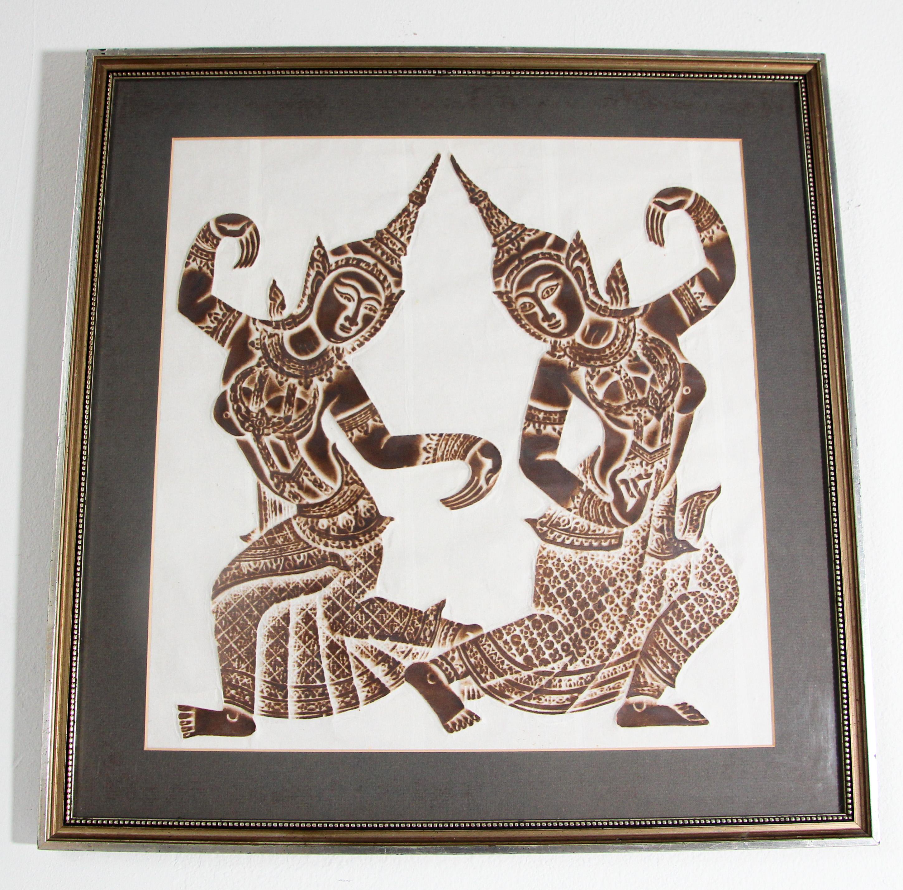 Vintage Thai Temple Charcoal Rubbing on Rice Paper In Good Condition For Sale In North Hollywood, CA