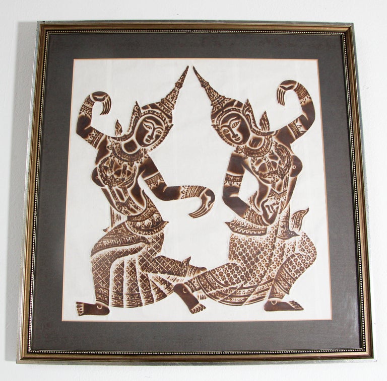 Vintage Thai Temple Charcoal Rubbing on Rice Paper For Sale 2