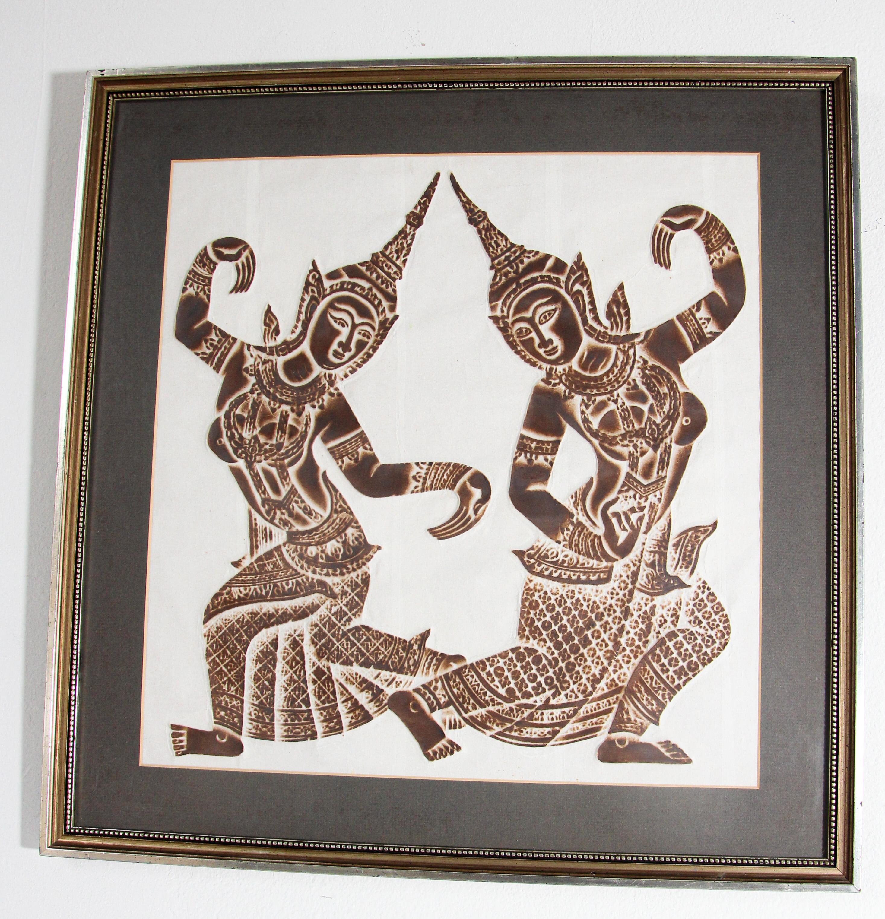 20th Century Vintage Thai Temple Charcoal Rubbing on Rice Paper For Sale