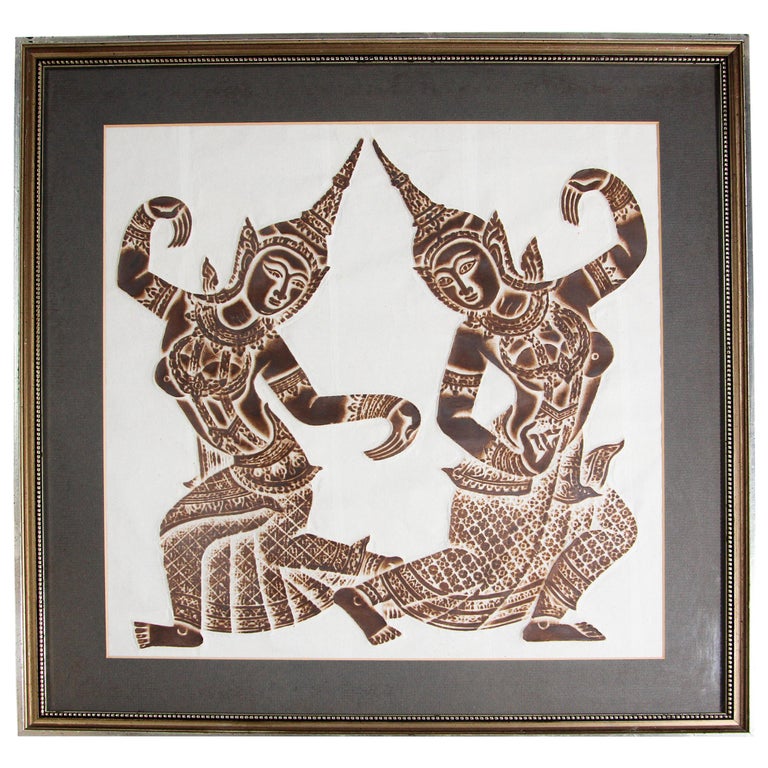 Vintage Thai Temple Charcoal Rubbing on Rice Paper For Sale