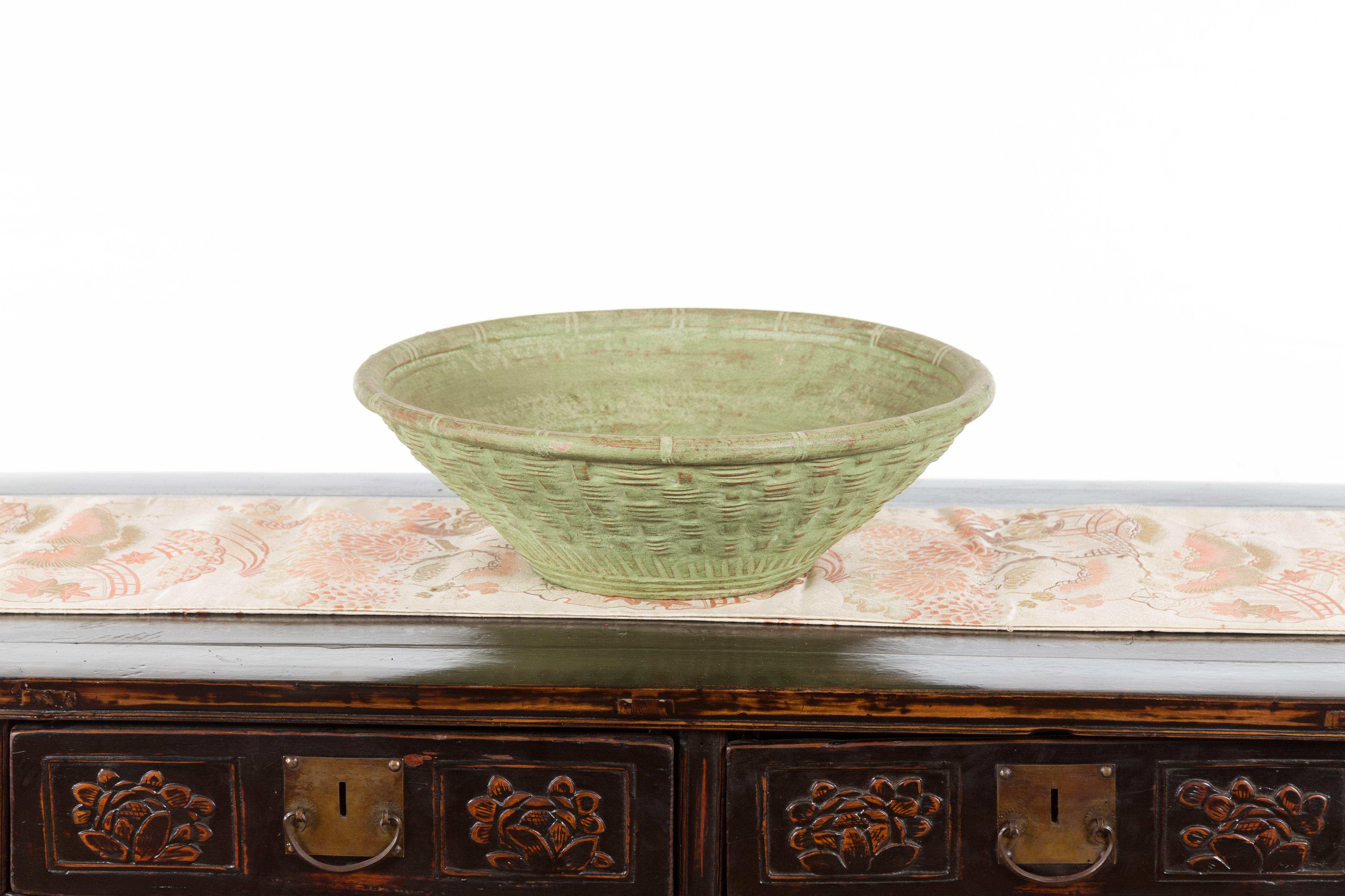 Vintage Thai Terracotta Wicker Style Circular Tapering Bowl with Green Patina For Sale 6