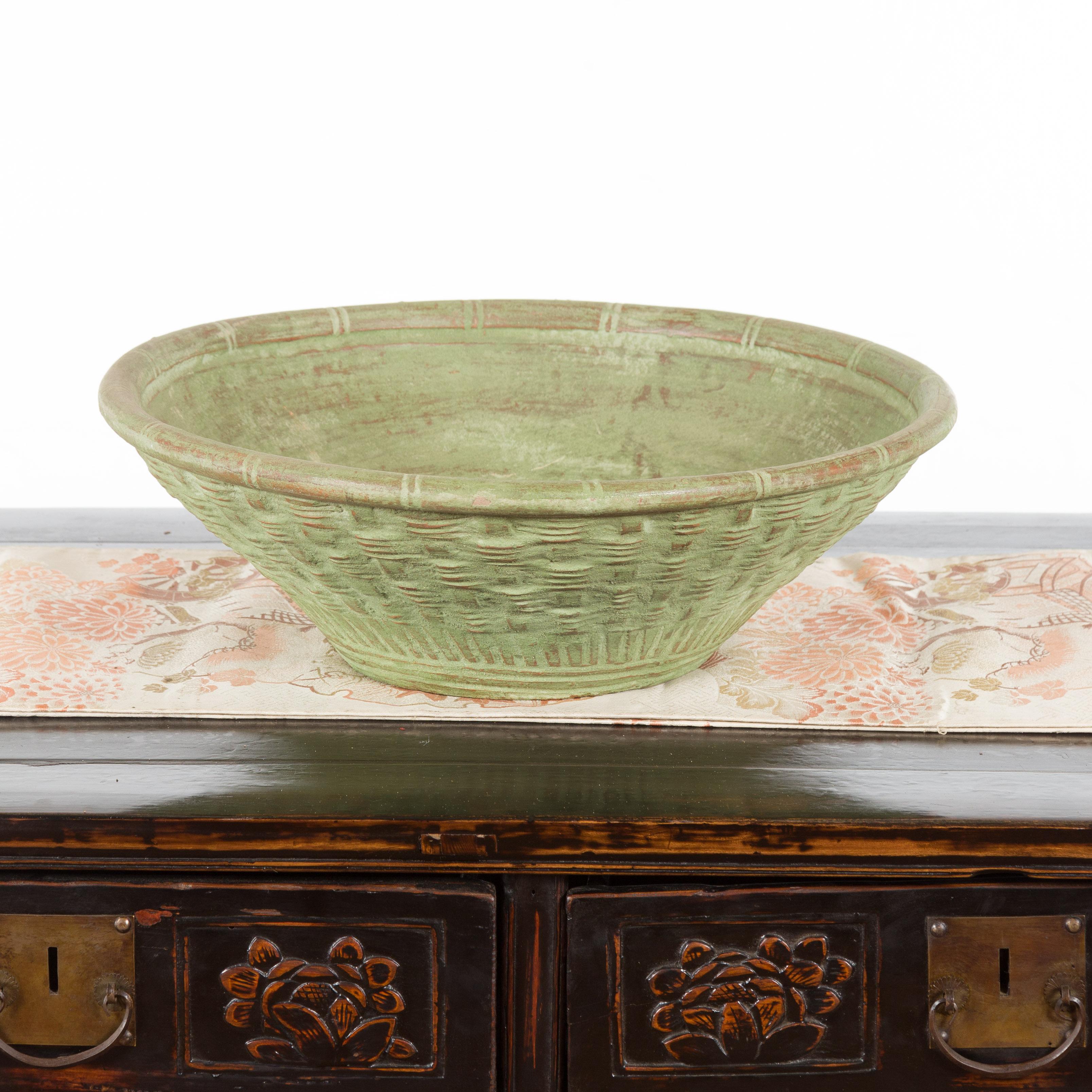 Vintage Thai Terracotta Wicker Style Circular Tapering Bowl with Green Patina For Sale 7