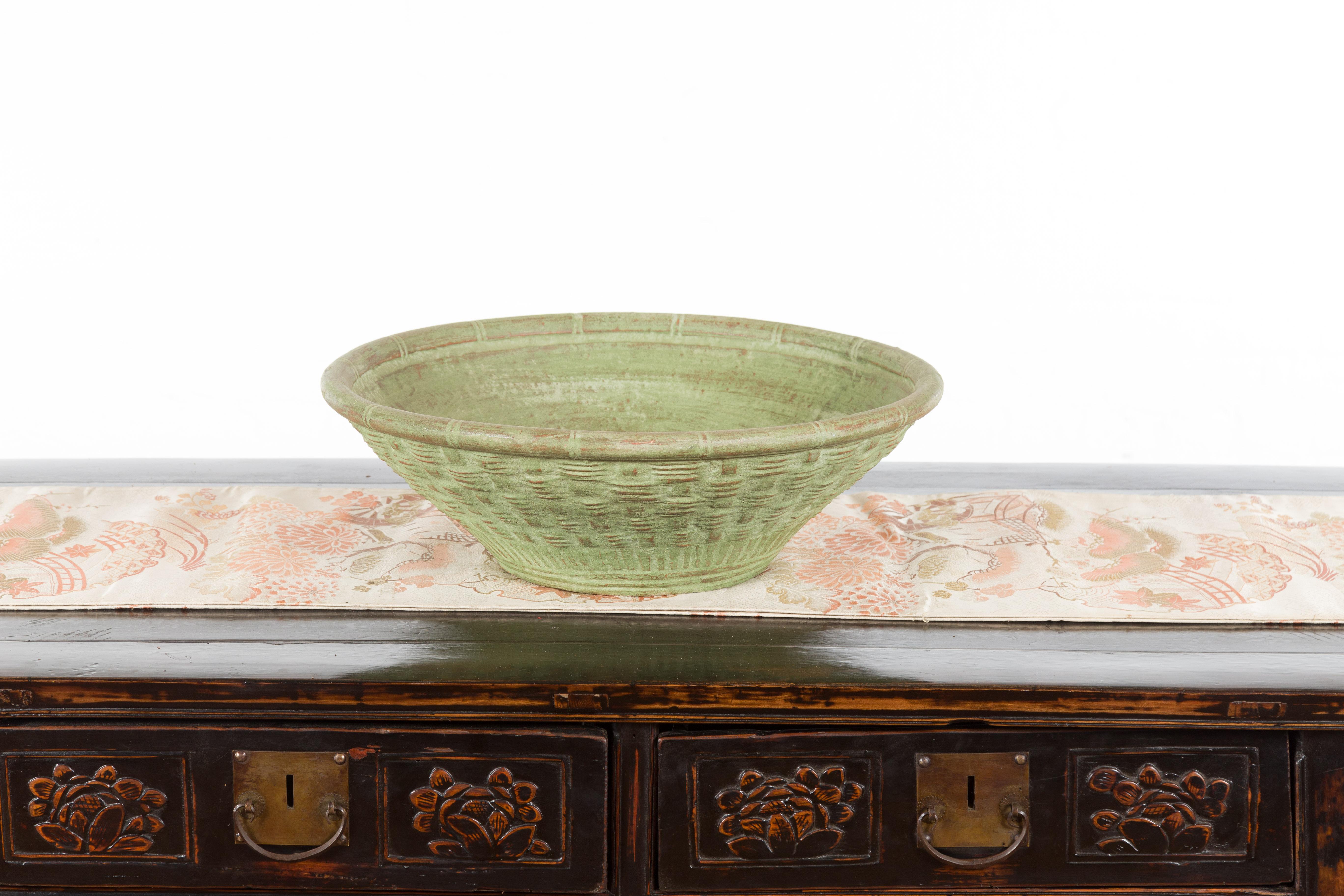 Vintage Thai Terracotta Wicker Style Circular Tapering Bowl with Green Patina For Sale 8