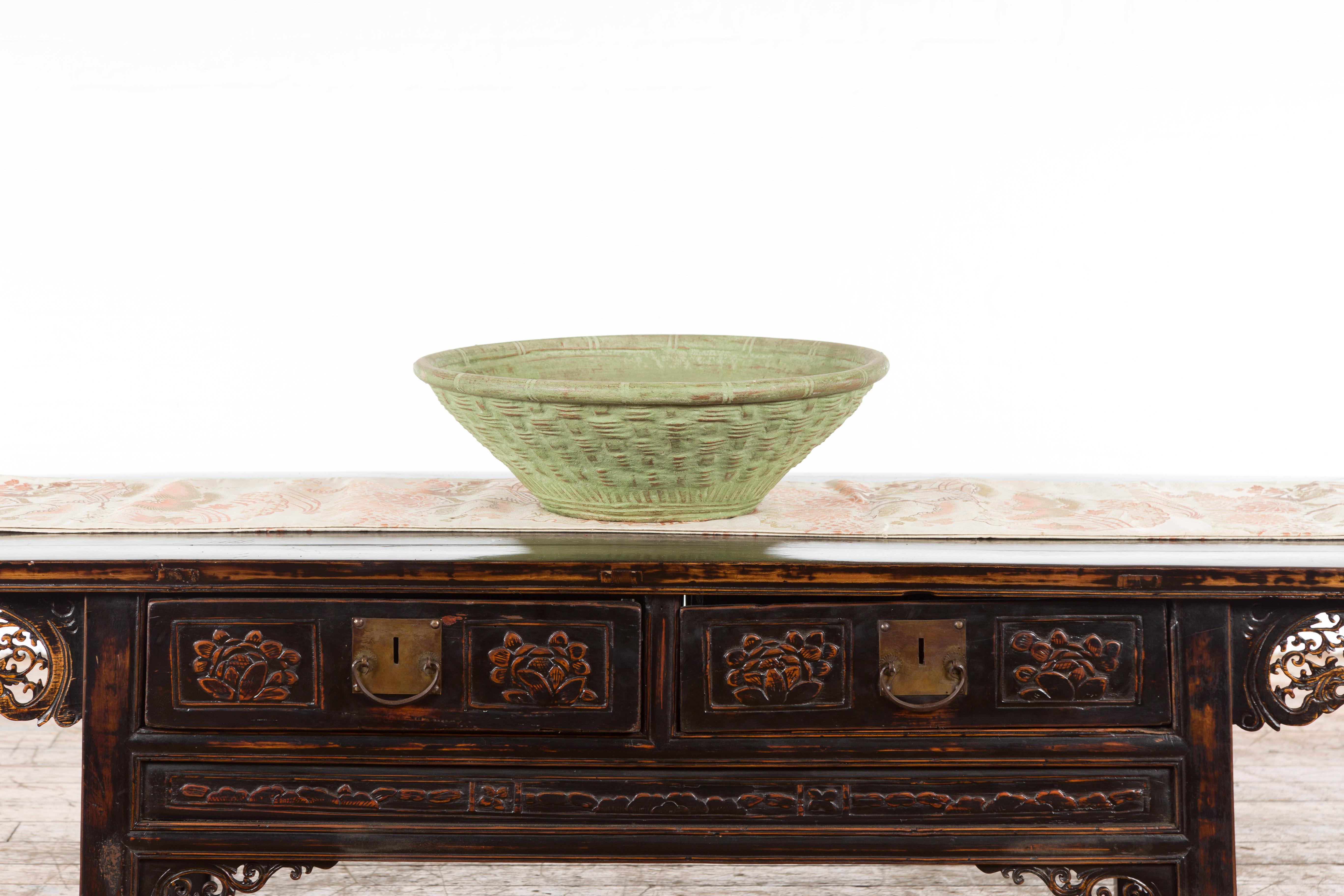 Vintage Thai Terracotta Wicker Style Circular Tapering Bowl with Green Patina In Good Condition For Sale In Yonkers, NY