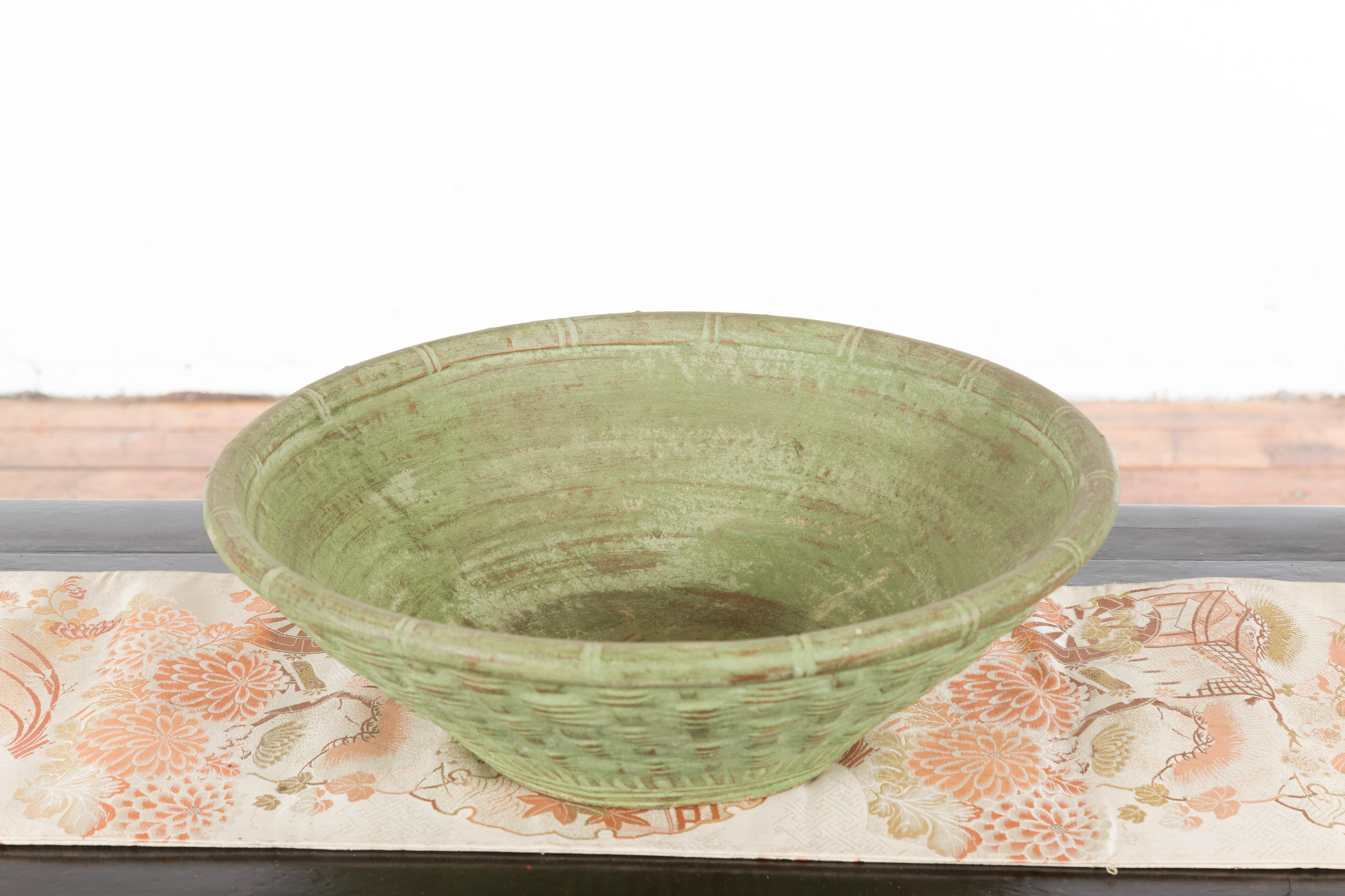 20th Century Vintage Thai Terracotta Wicker Style Circular Tapering Bowl with Green Patina For Sale