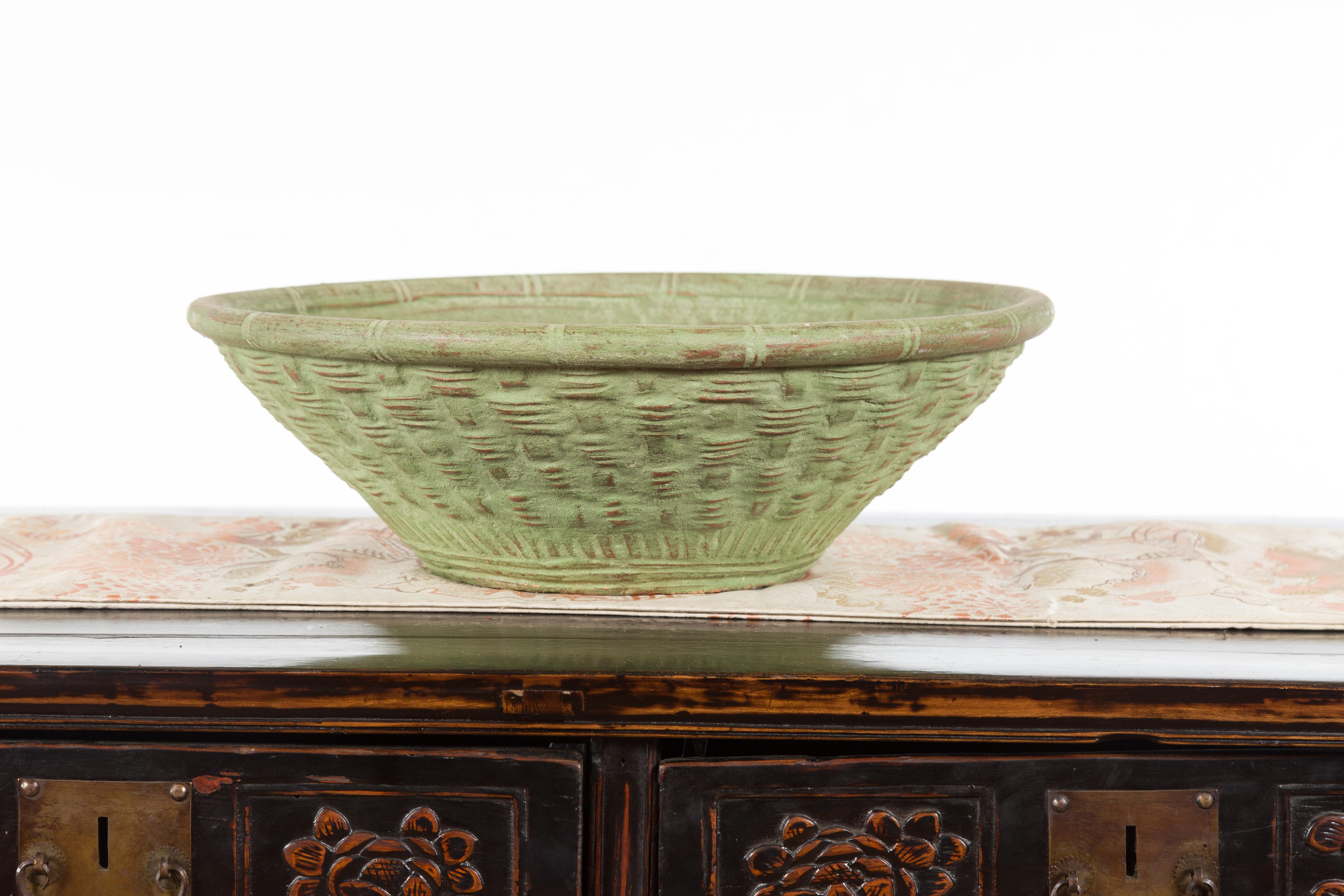 Vintage Thai Terracotta Wicker Style Circular Tapering Bowl with Green Patina For Sale 1