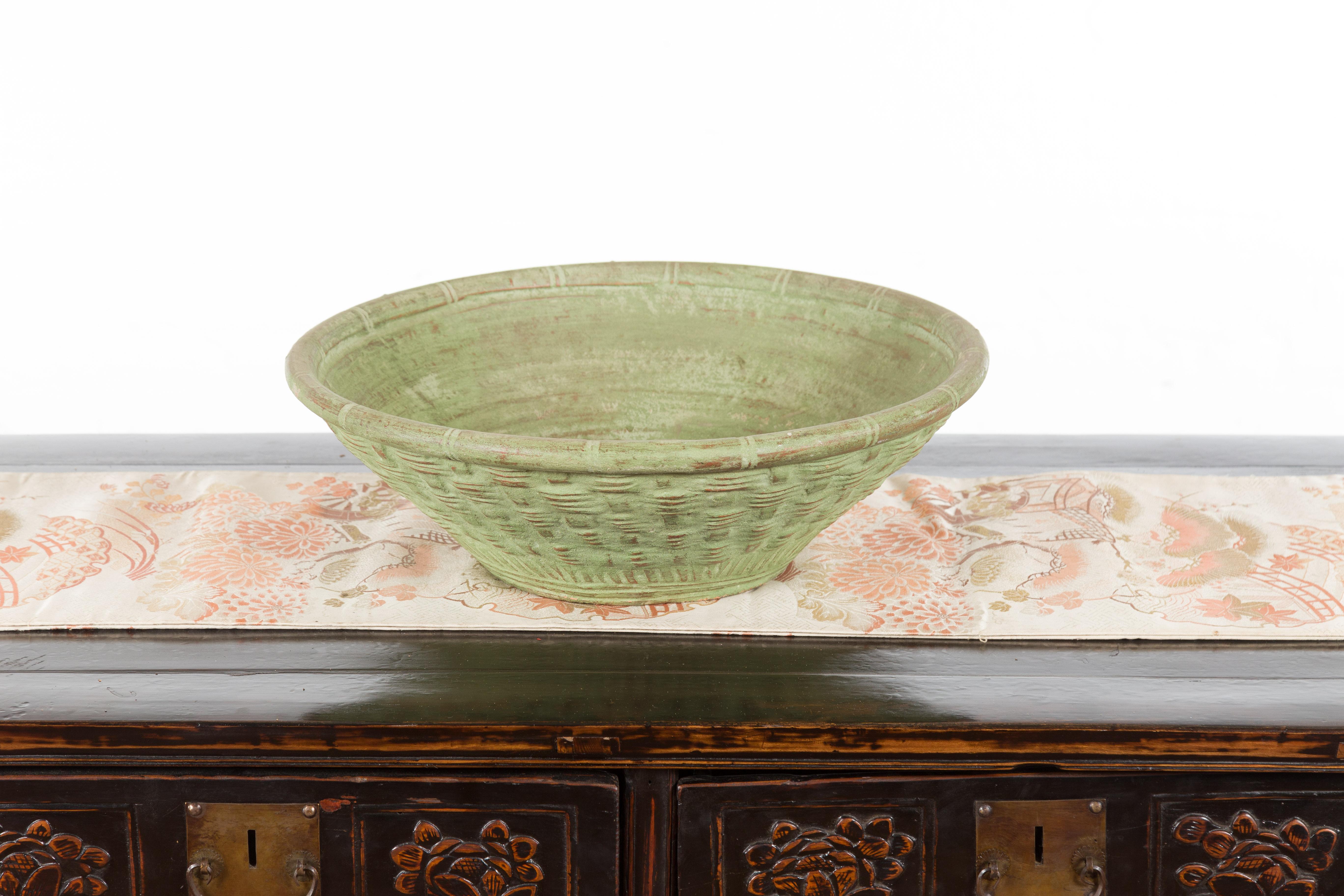 Vintage Thai Terracotta Wicker Style Circular Tapering Bowl with Green Patina For Sale 2