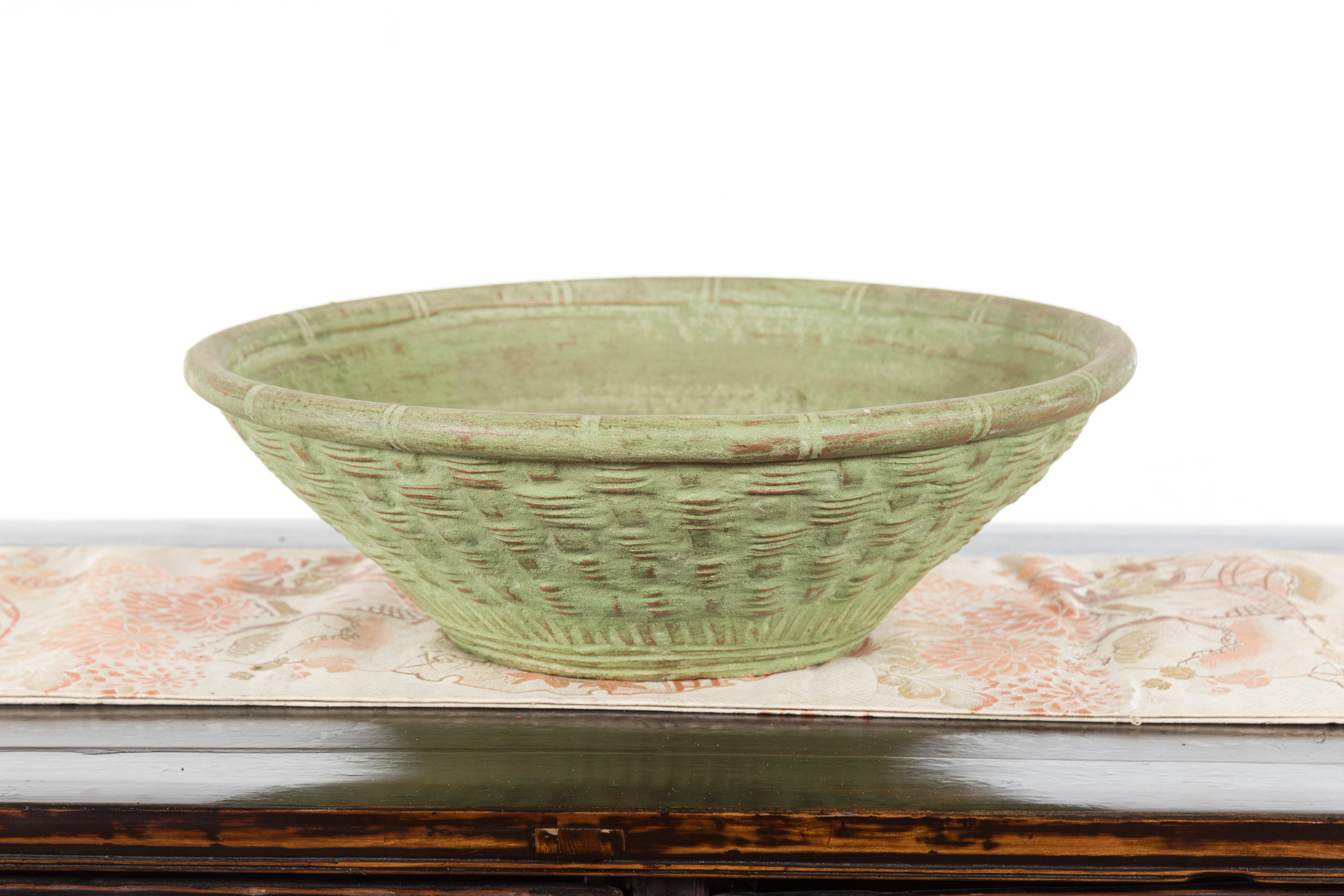 Vintage Thai Terracotta Wicker Style Circular Tapering Bowl with Green Patina For Sale 3