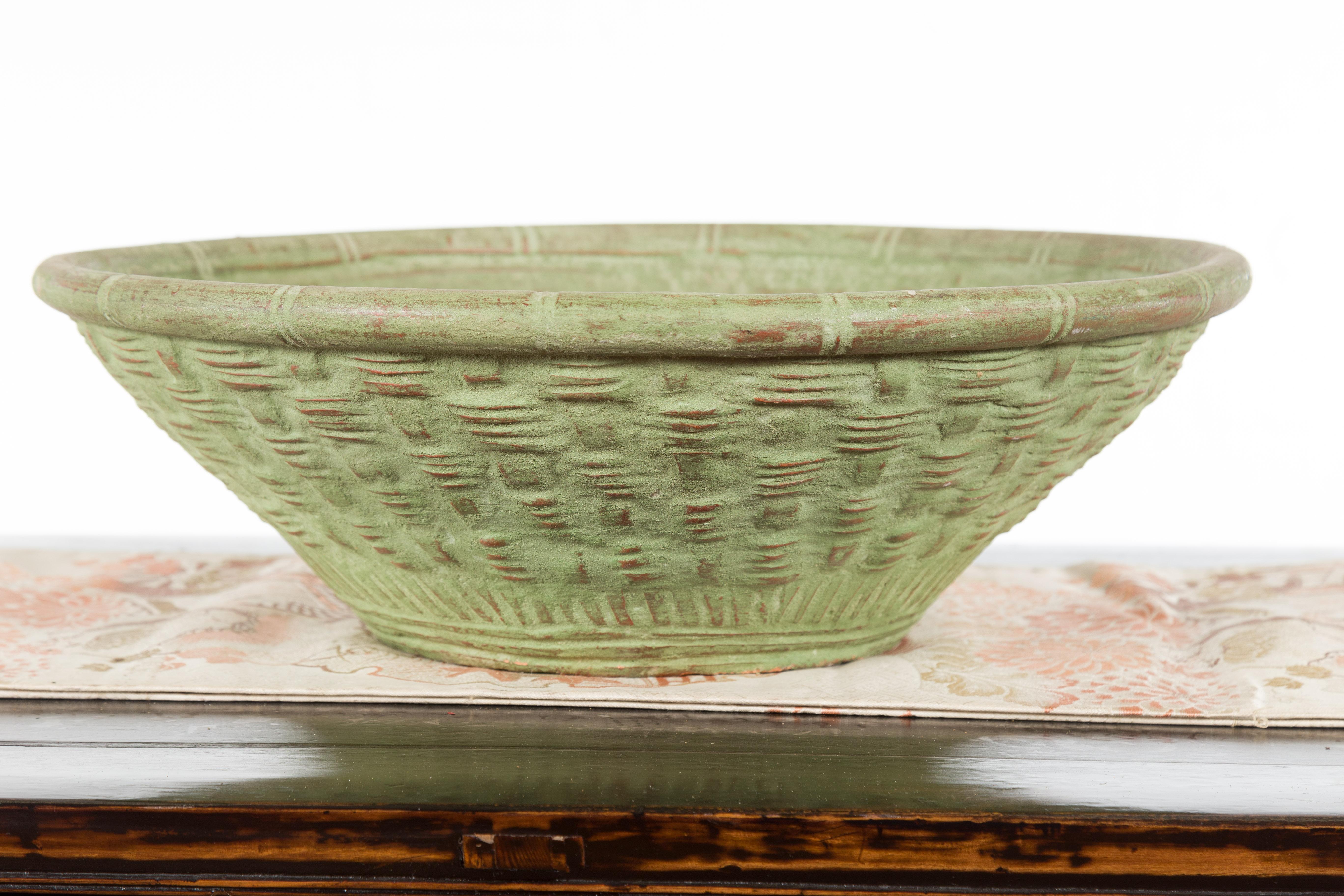 Vintage Thai Terracotta Wicker Style Circular Tapering Bowl with Green Patina For Sale 4