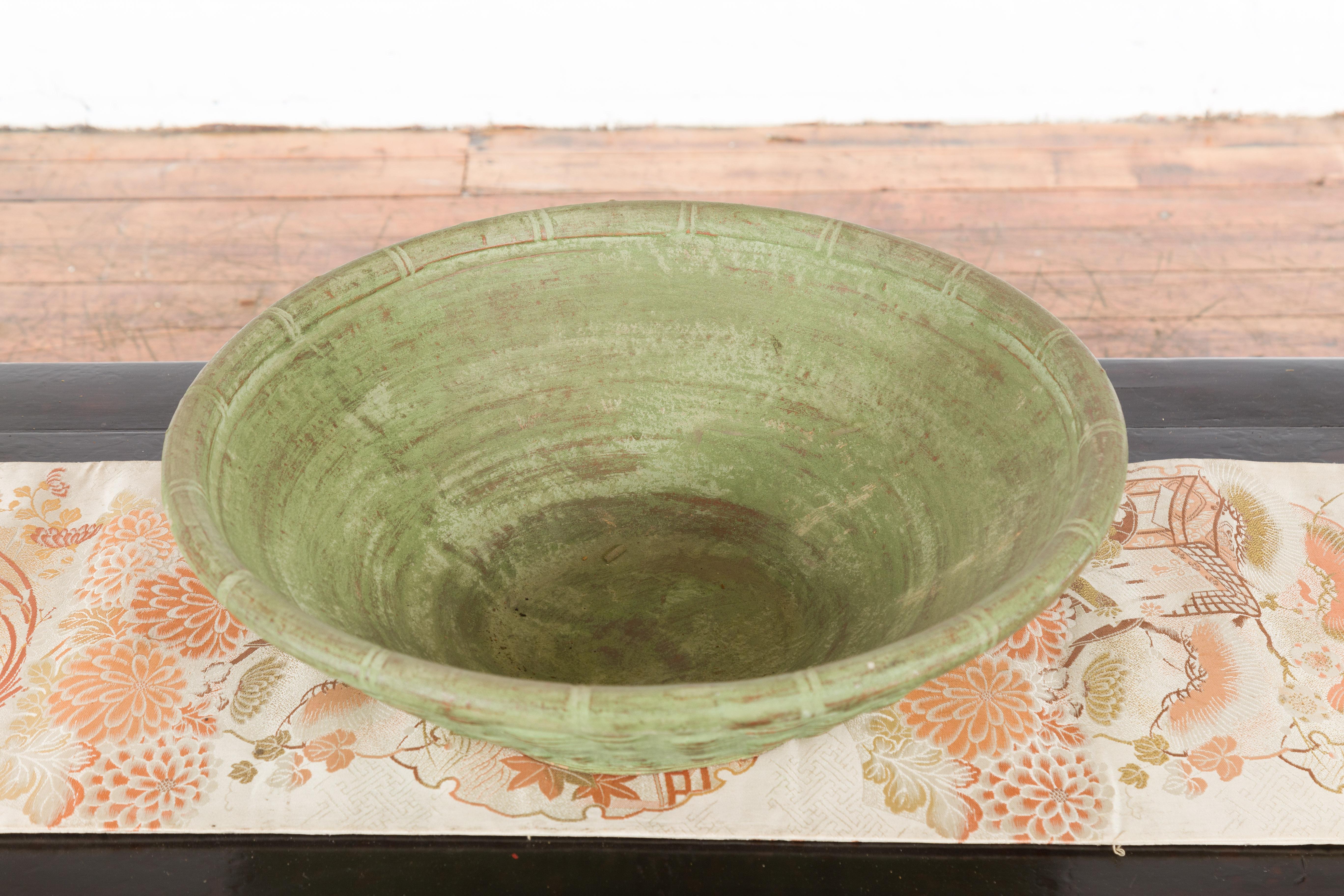Vintage Thai Terracotta Wicker Style Circular Tapering Bowl with Green Patina For Sale 5
