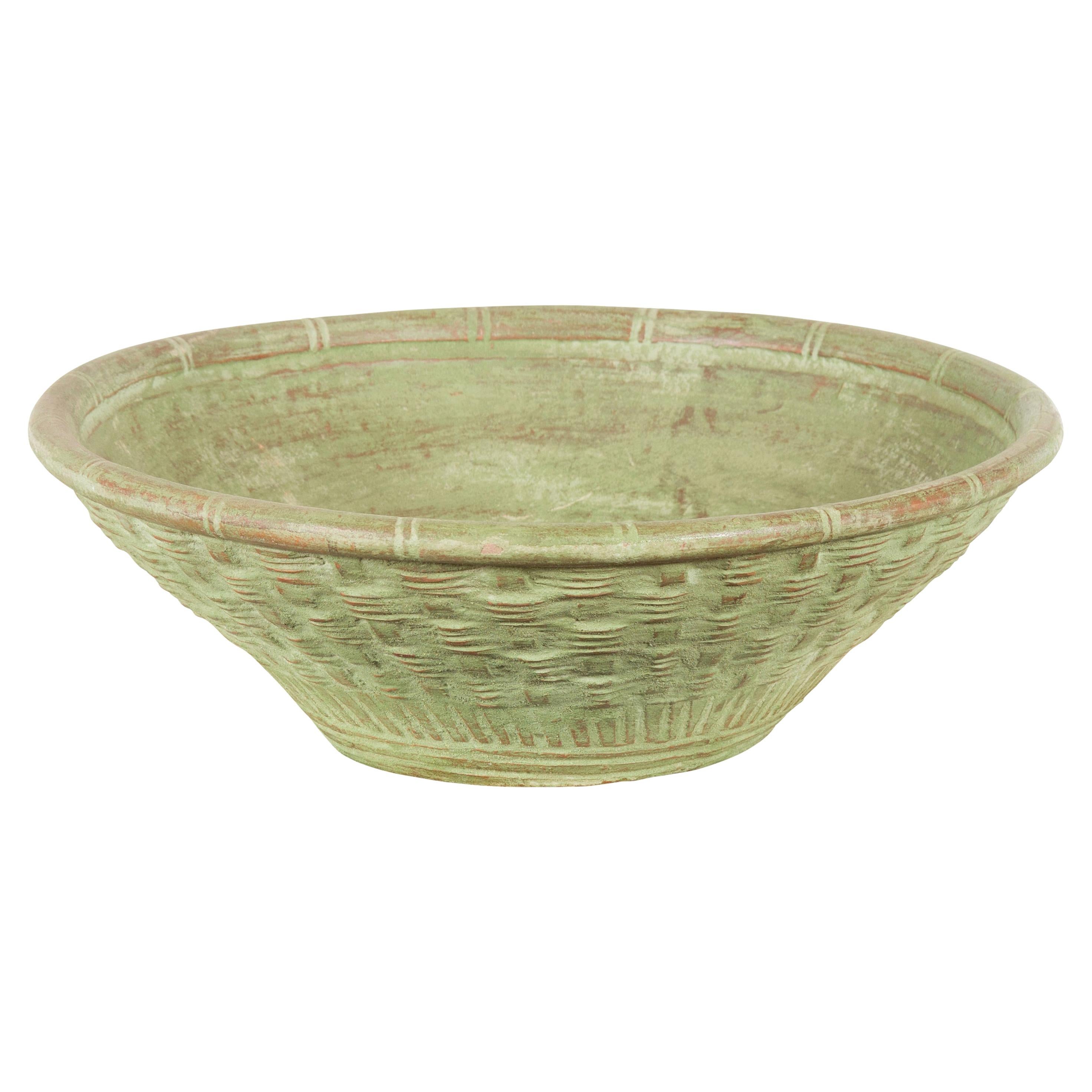 Vintage Thai Terracotta Wicker Style Circular Tapering Bowl with Green Patina For Sale