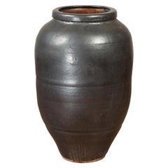 Vintage Thai Water Jar with Charcoal Patina and Tapering Lines